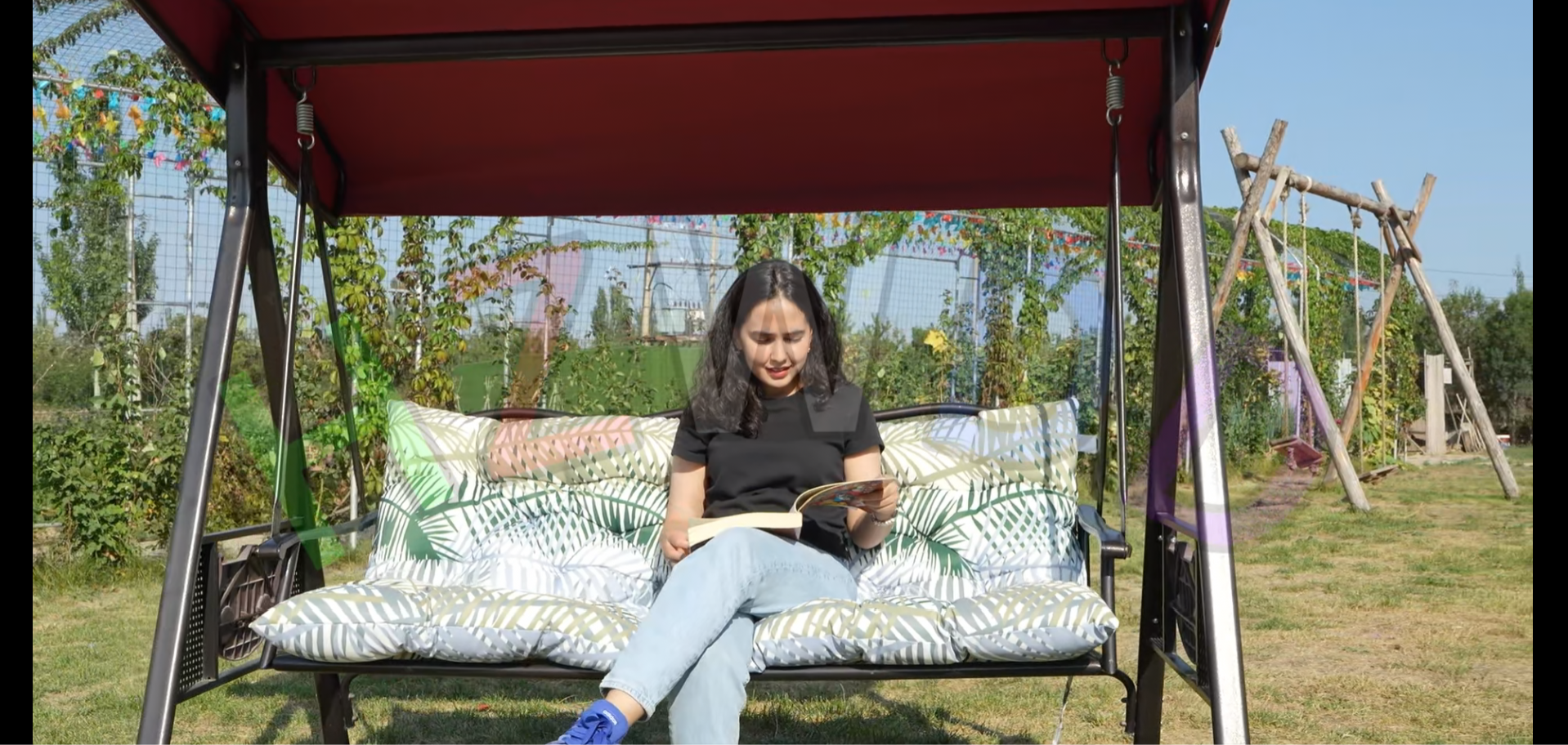 thumbnail video image 2 of Swing Cushions 3 Seater Replacement, Waterproof Porch Swing Cushions, Thicken 5" Bench Cushions for Outdoor Furniture With Backrest , Patio Garden Loveseat Sofa Pads（Red，63in）, 2 of 7