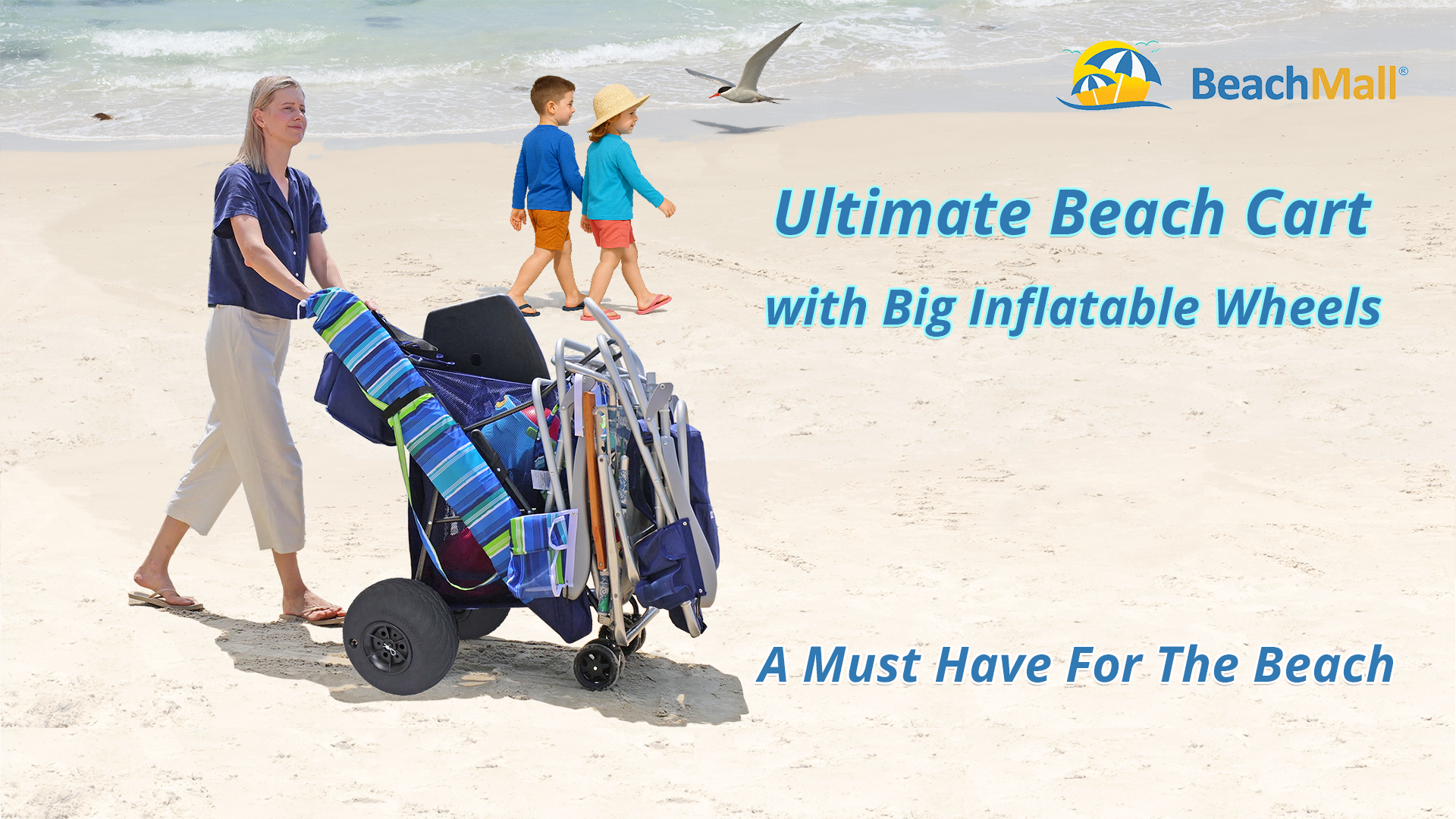 thumbnail video image 2 of Ultimate Wide Wheel Buggy Wheeler Beach Cart Wagon with Big Balloon Wheels for Sand | Insulated Cooler Bag,  / Umbrella Holder, 2 of 9