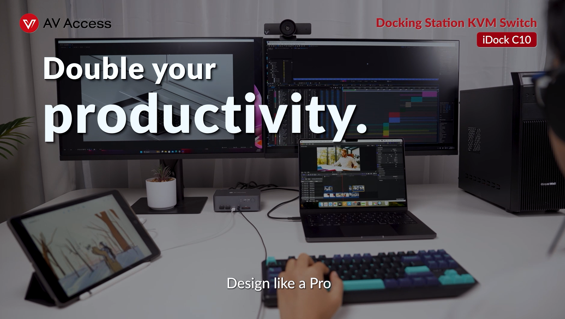 thumbnail video image 2 of v AV Access Docking Station KVM Switch Dual Monitor for Laptop & Desktop - USB-C Charge, Full Aluminum, KVM Switcher for 2 PCs with Ethernet, EDID, 4K@60Hz/2K@144Hz/1080P@240Hz, 3xUSB 3.0(iDock-C10), 2 of 10