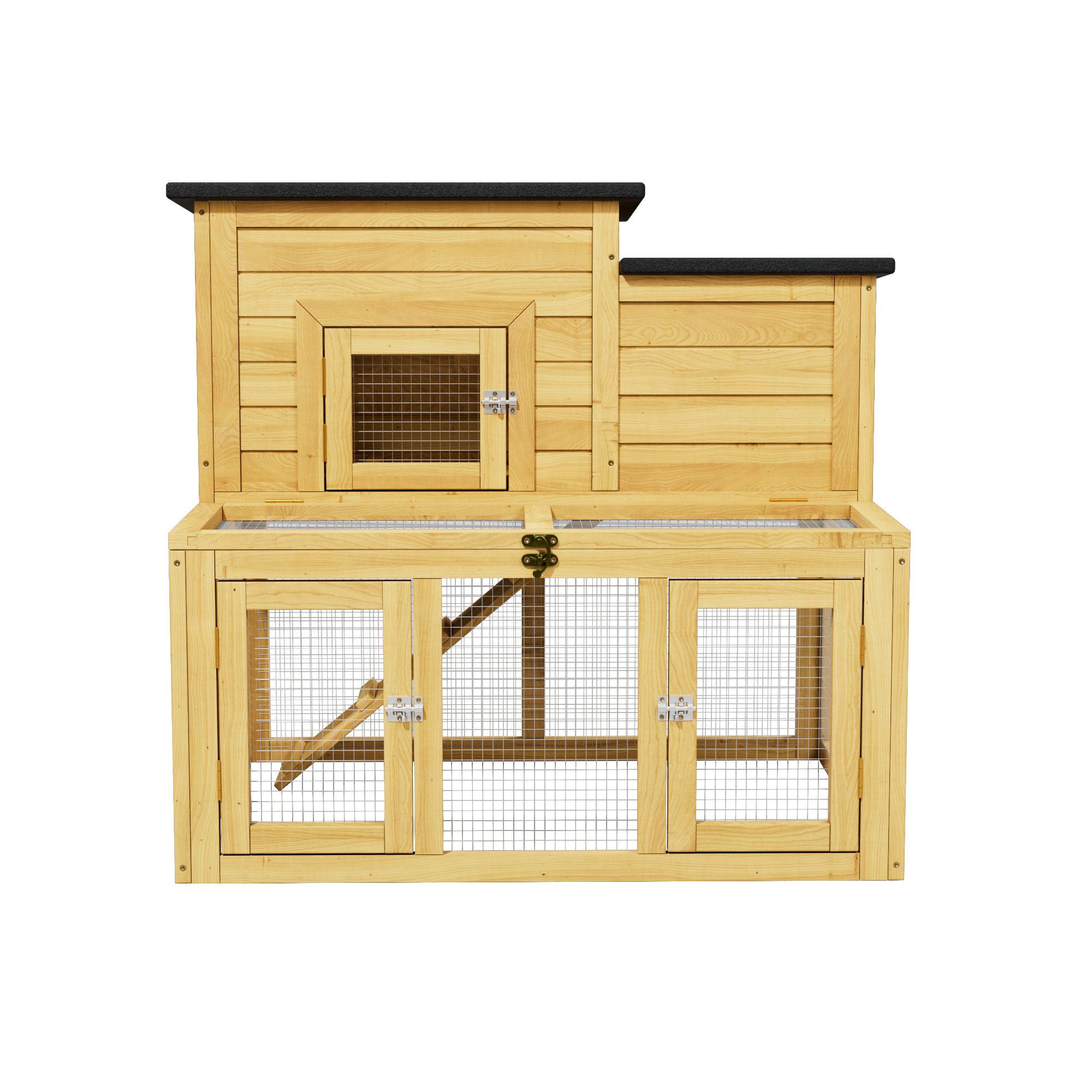 thumbnail video image 2 of Outdoor 2-Tier 2-Room Quail Hutch with Brooder Box & Activity Area, Openable Asphalt Roof, Black with White, 2 of 8
