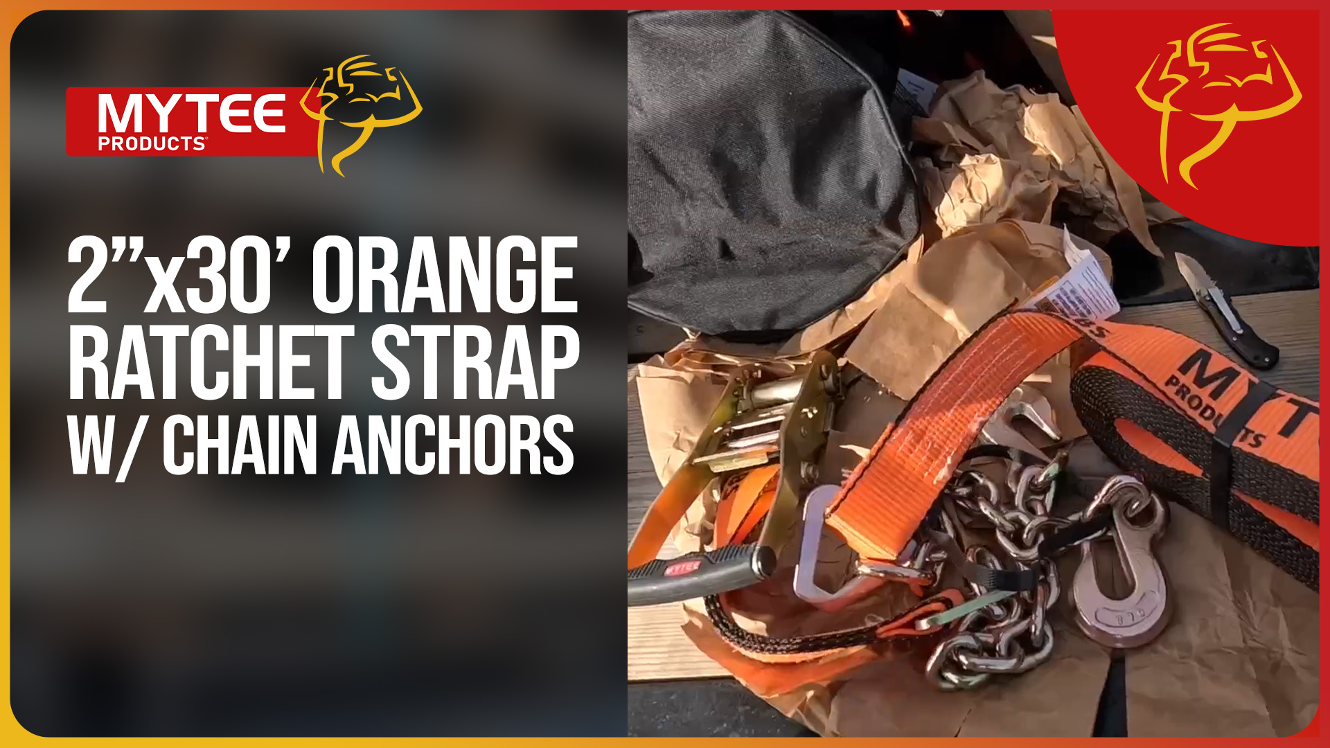 thumbnail video image 2 of 10 Pack 2"x30' Orange Ratchet Strap with Chain Anchor - 4000 Lbs WLL High Abrasion Heavy Duty Tie Down Cargo Truck Straps with Chan Anchor for Flatbed, Truck, Trailers, Pickup, 2 of 18