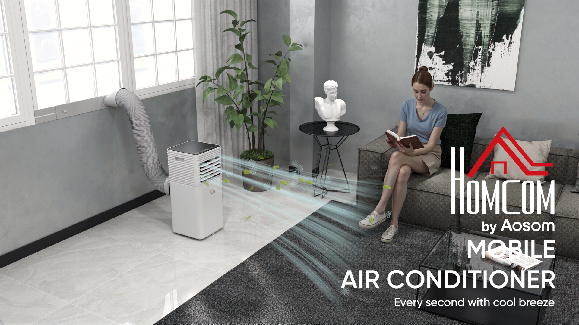 thumbnail video image 2 of HOMCOM 7000 BTU Portable Mobile Air Conditioner for Cooling, Dehumidifying, and Ventilating with Remote Control, White, 2 of 3