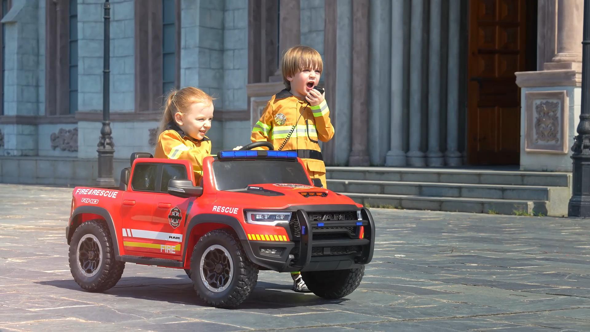 thumbnail video image 2 of iYofe Ram 24V Ride on Fire Truck 2 Seater, Ram 1500 RHO Battery Powered Electric Car Truck with 4 Wheels, Ride on Toy with Remote Control for Big Kids Toddlers 3-8 Boys Girls, Bluetooth & Trunk, Red, 2 of 9