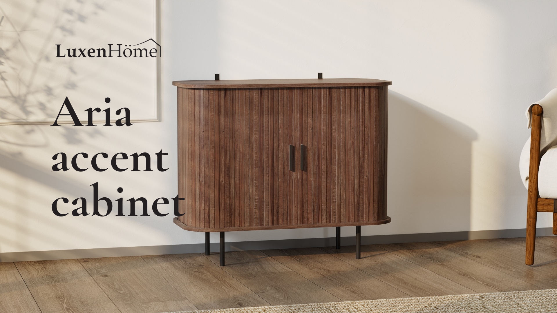 thumbnail video image 2 of LuxenHome 35" Mid Century Modern Accent Cabinet, Small Buffet Cabinet with Sliding Door, Oak, 2 of 8