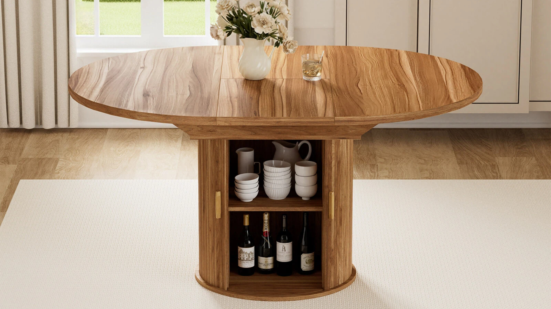 thumbnail video image 2 of Hommpa 59" Extendable Round Dining Table for 4-6, Oval Kitchen Table with Storage and Sturdy Wooden Base, Farmhouse Dining Room Table for Small Space, Living Room, Walnut, 2 of 13