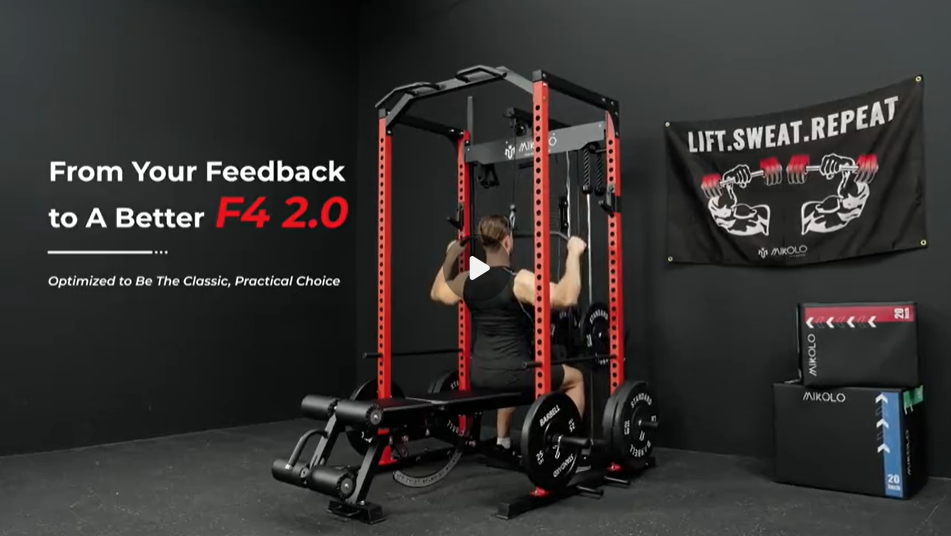 thumbnail video image 2 of Mikolo Power Rack Cage, 1200LBS Weight Cage Home Gym with 800LB Capacity Adjustable Weight Bench, 1500LB Capacity Barbell and 100LB Weight Plate Set, Black, 2 of 19