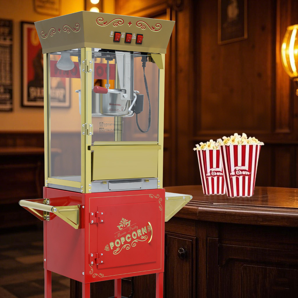 thumbnail video image 2 of 12oz Popcorn Machine with Cart & Wheels - 850W Stainless Steel Popper, Vintage Red Design for Movie Theaters, Parties, and Concession Stands, 2 of 8