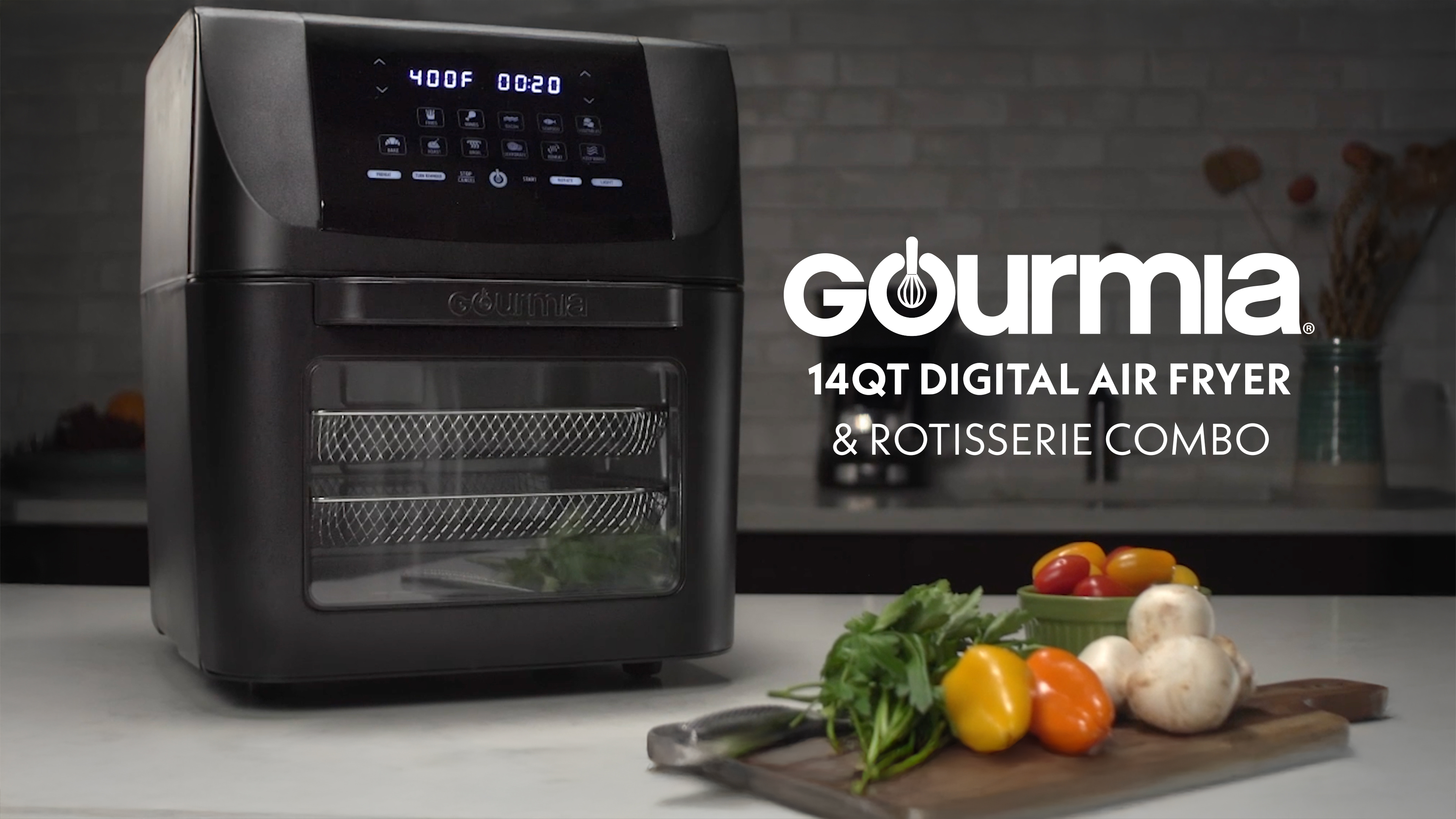 thumbnail video image 2 of Gourmia 14 Qt Air Fryer Oven, 12 Presets, Rotisserie, FryForce 360°, Black, 2 of 11
