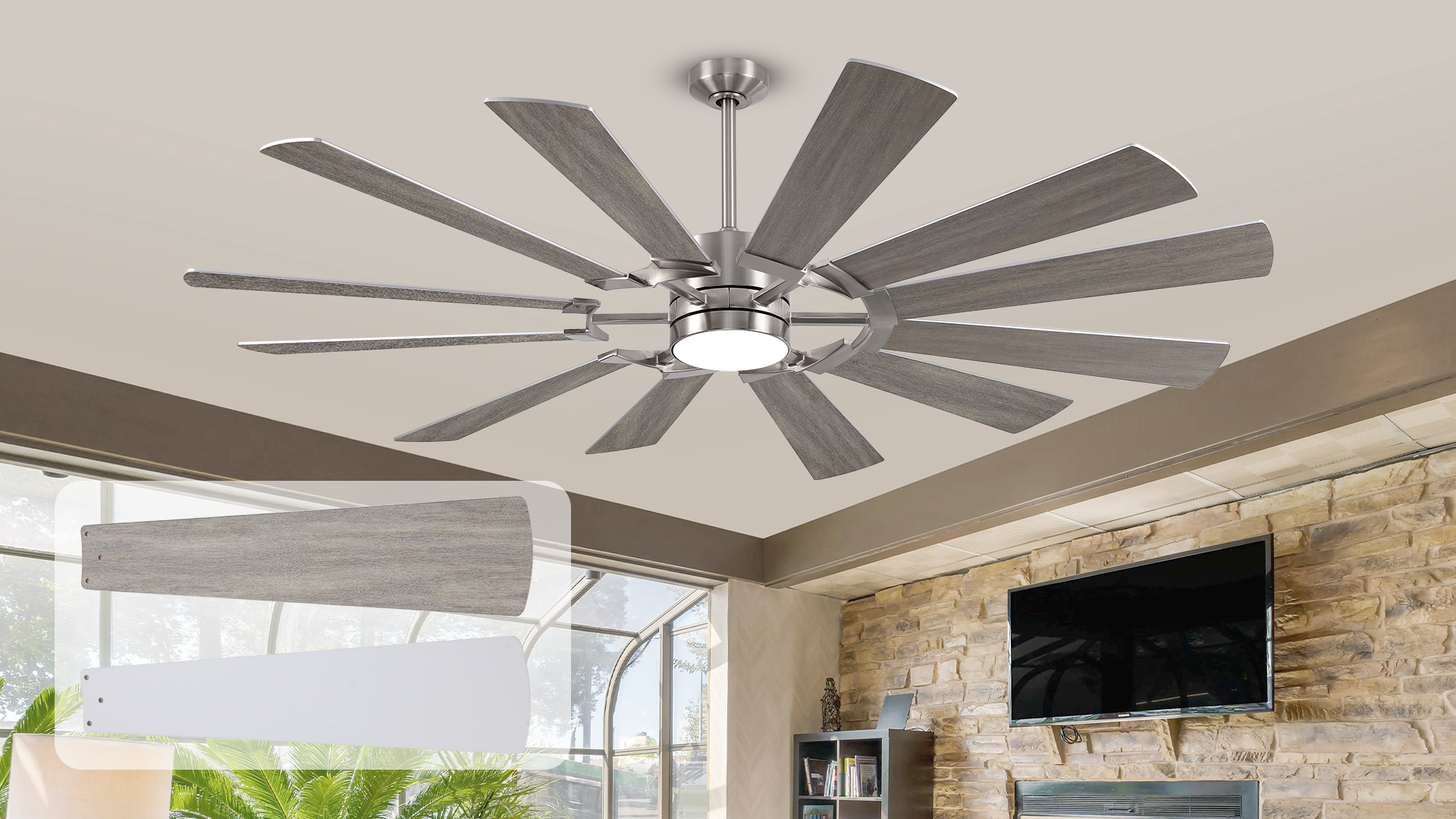 thumbnail video image 2 of 62" Ceiling Fan with Light and Remote, Damp Rated 12 Blades Modern Farmhouse Large Double-sided Reversible Commercial Dimmable Fan for Exterior Outside Porch Gazebo, 2 of 16