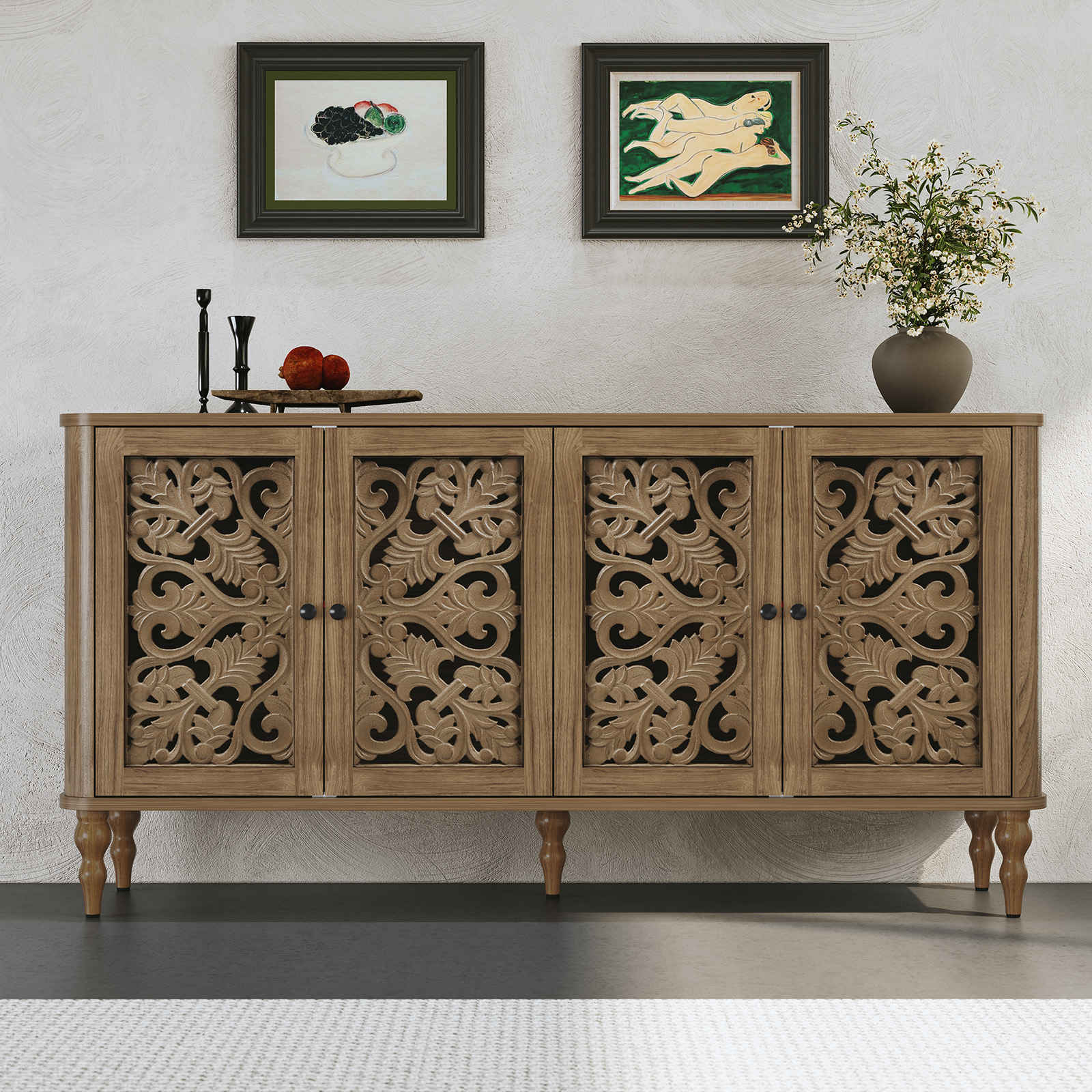 thumbnail video image 2 of HLR 63" Mid Century Rounded Corners Sideboards Buffets Cabinet with 4 Doors Storage for Kitchen Dining, Green, 2 of 13