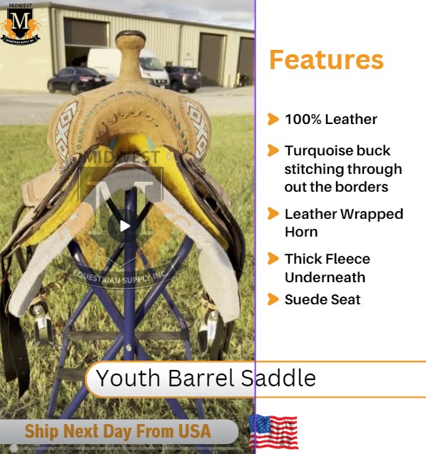 thumbnail video image 2 of Resistance Kids Western Barrel Saddle – Youth Leather with Suede Seat & Hand-Beaded Border – Lightweight & Durable, 2 of 6