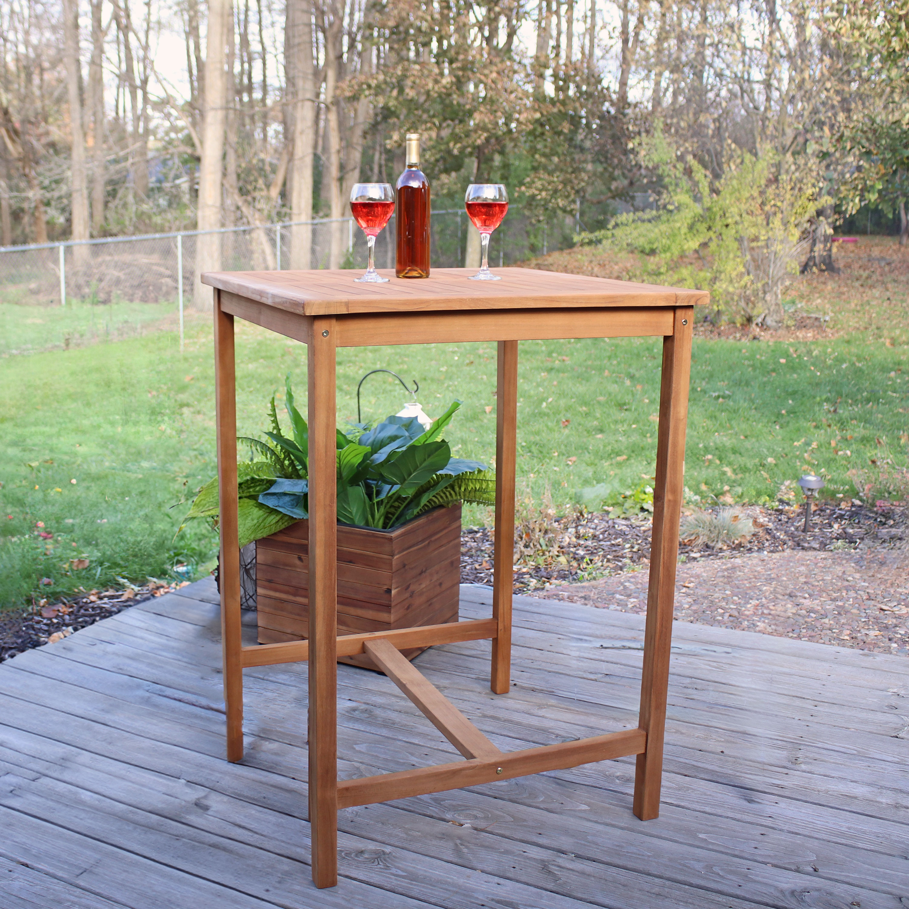 thumbnail video image 2 of Sunnydaze 31" Teak Bar-Height Outdoor Dining Table, 2 of 8