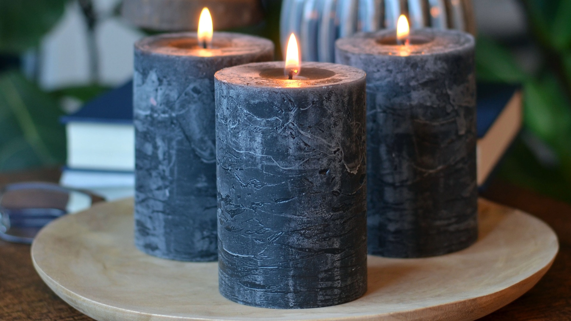 thumbnail video image 2 of 3 Piece Dark Grey Pillar Candle Set, 4 Inches Tall, 45 Hours Burn Time, Unscented, Marbled Surface, 2 of 7