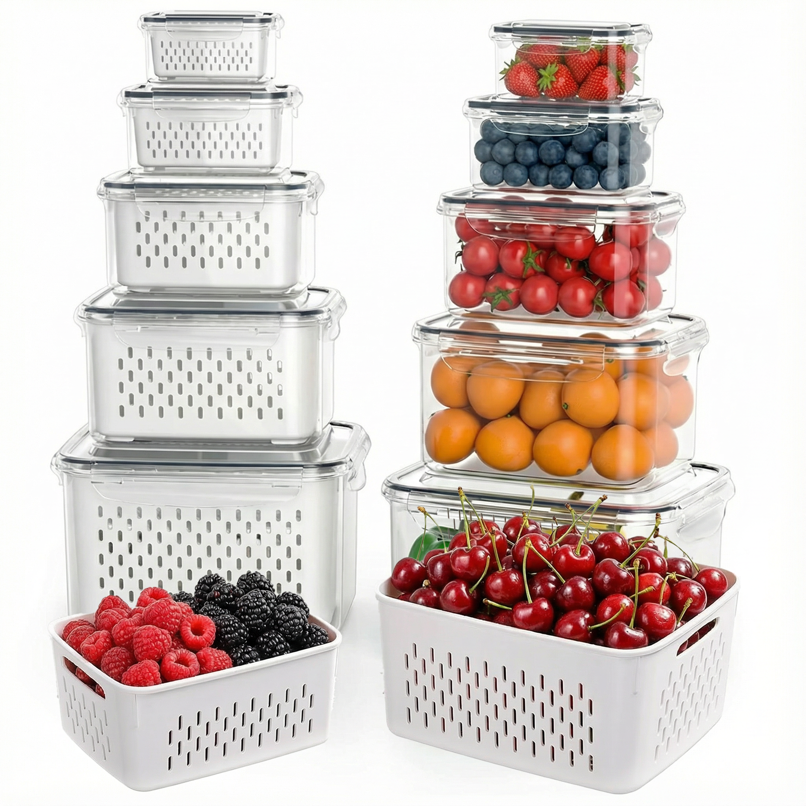 thumbnail video image 2 of 5 Pack Fruit Storage Containers for Fridge with Removable Colander, Leakproof Produce Keeper for Berries, Vegetables & Salad, All-in-One Wash & Store Food Containers, BPA Free, 2 of 8