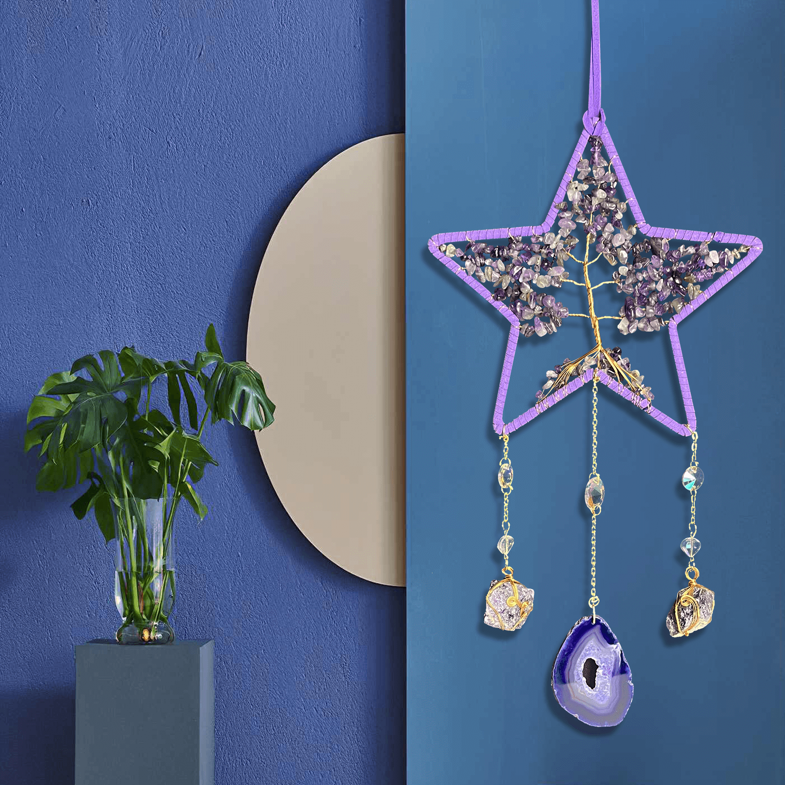 thumbnail video image 2 of Purple Woven Star Wall Hanging Boho Decor with Crystal and Agate 57cm Handmade Wall Art, 2 of 7