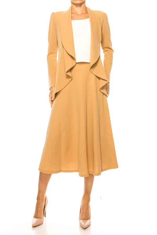 thumbnail video image 2 of Women's Solid 2-Piece Set Open Front Blazer and Matching Midi Skirt, 2 of 8