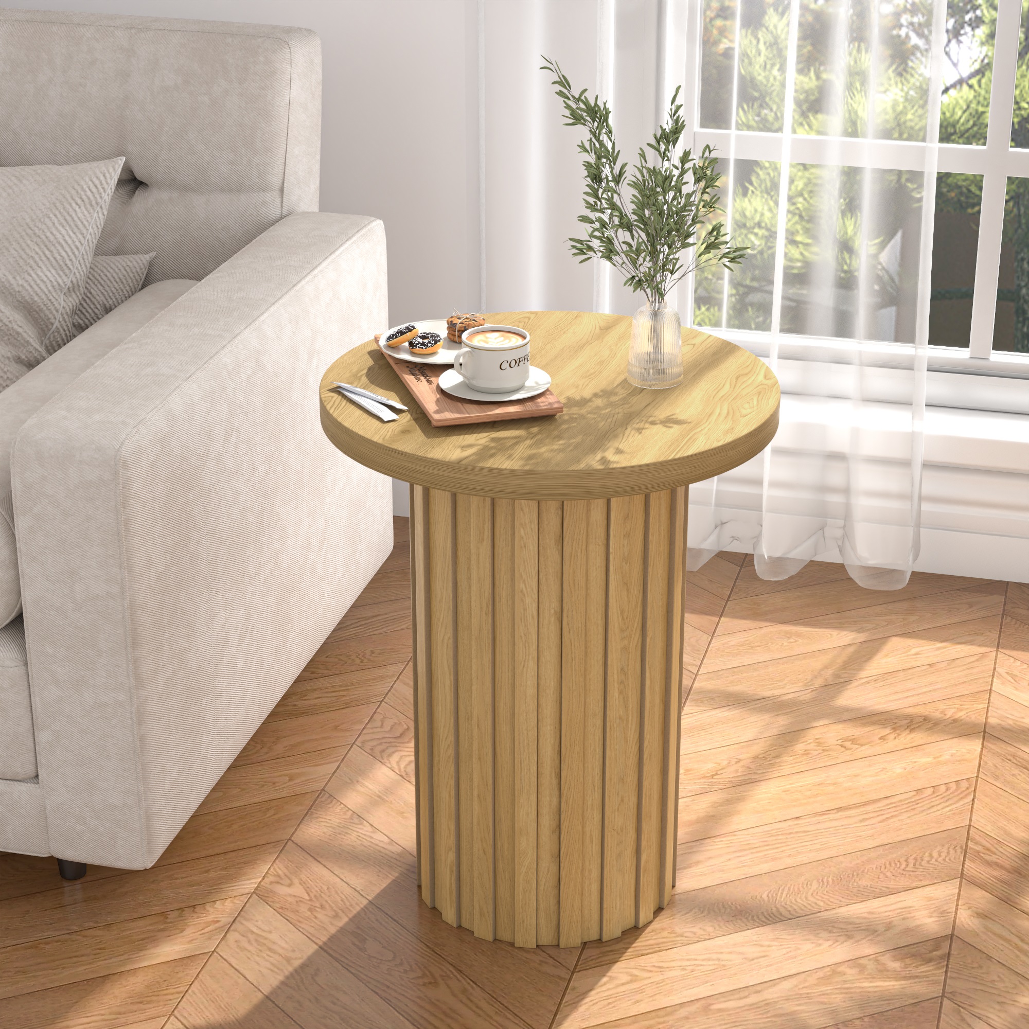 thumbnail video image 2 of Small Round End Table Farmhouse Accent Side Table Modern Nightstand for Living Room Bedroom (Wood Color), 2 of 9