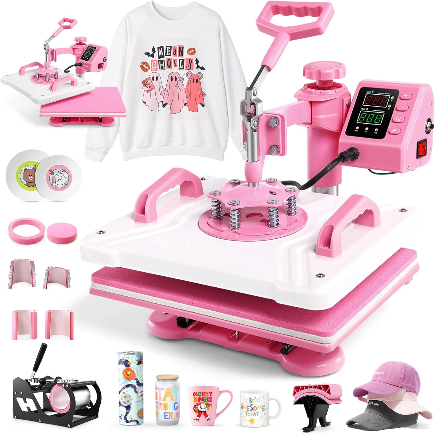 thumbnail video image 2 of Adnoom 8 in 1 Heat Press Machine Combo,360°Swing Away Sublimation Heat Transfer 15"x12", Digital shirt Press Machine for Hat Cap Mug Plate,Pink, 2 of 8