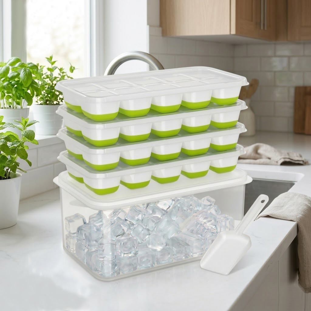 thumbnail video image 2 of Ice Cube Tray with Storage Box,Ice cube tray, Stackable and Leak-proof Design, Includes Ice Scoop, Convenient and Space-saving for Home, Parties, Office, and Outdoor Use-4 Pack Ice trays, 2 of 9