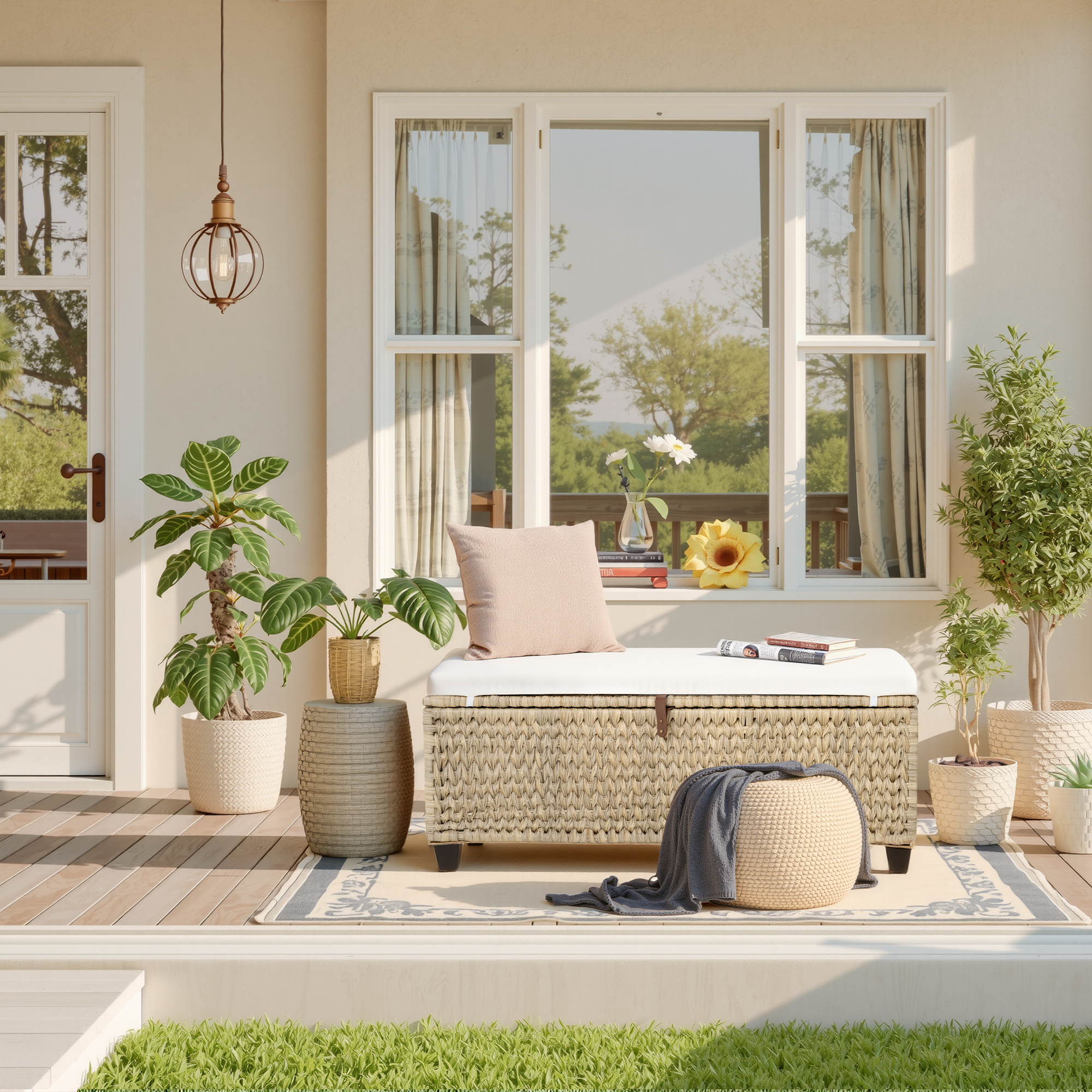 thumbnail video image 2 of 43.3" W Upholstered Flip Top Storage Bench for Indoor, Porch, Deck, Yard, Poolside, 2 of 10