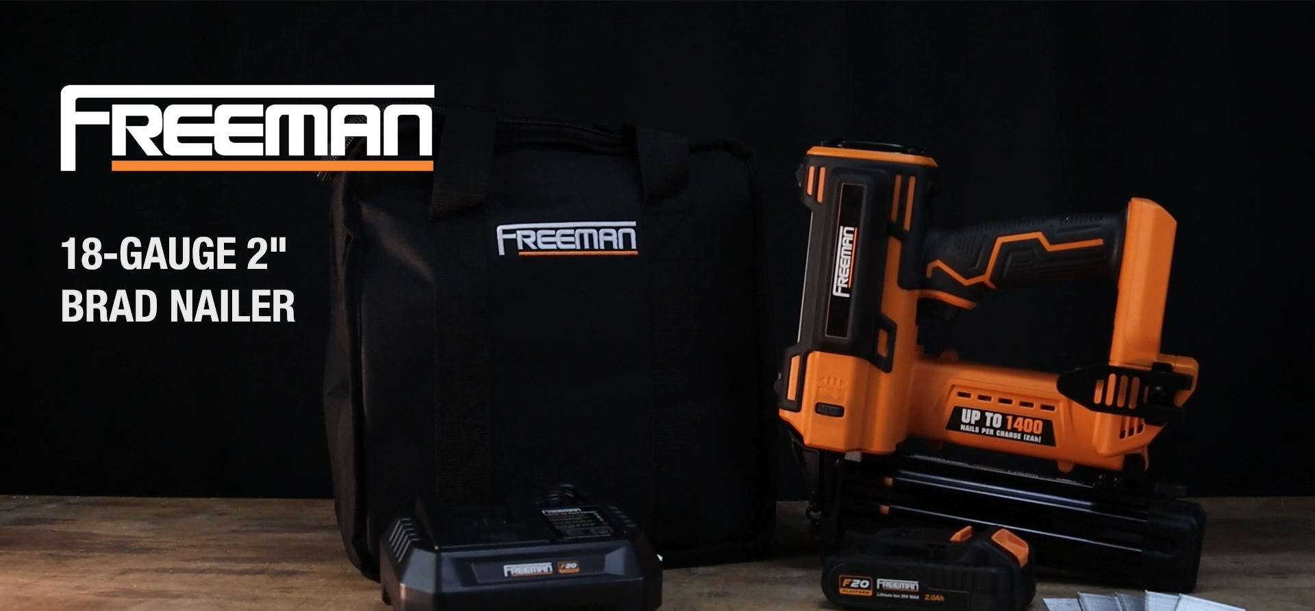thumbnail video image 2 of Freeman PE20VBR50 20 Volt Cordless 18-Gauge 2" Brad Nailer Kit with Lithium Ion Battery, Charger, Bag, and Nails (500 Count) – 1400 Shots per Charge, 2 of 8