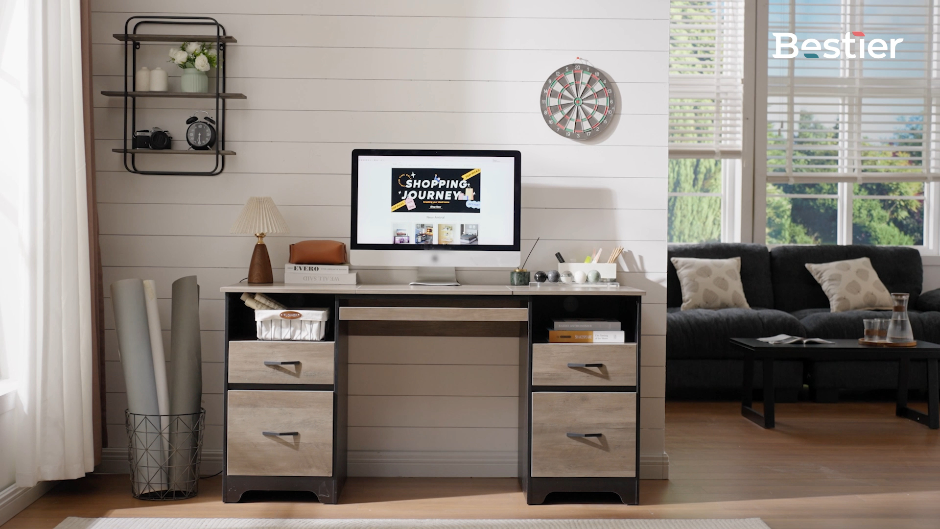 thumbnail video image 2 of Bestier 59” Computer Desk with Drawers, Executive Desk with Storage Cabinet, Keyboard Tray for Home Office, Cherry, 2 of 10