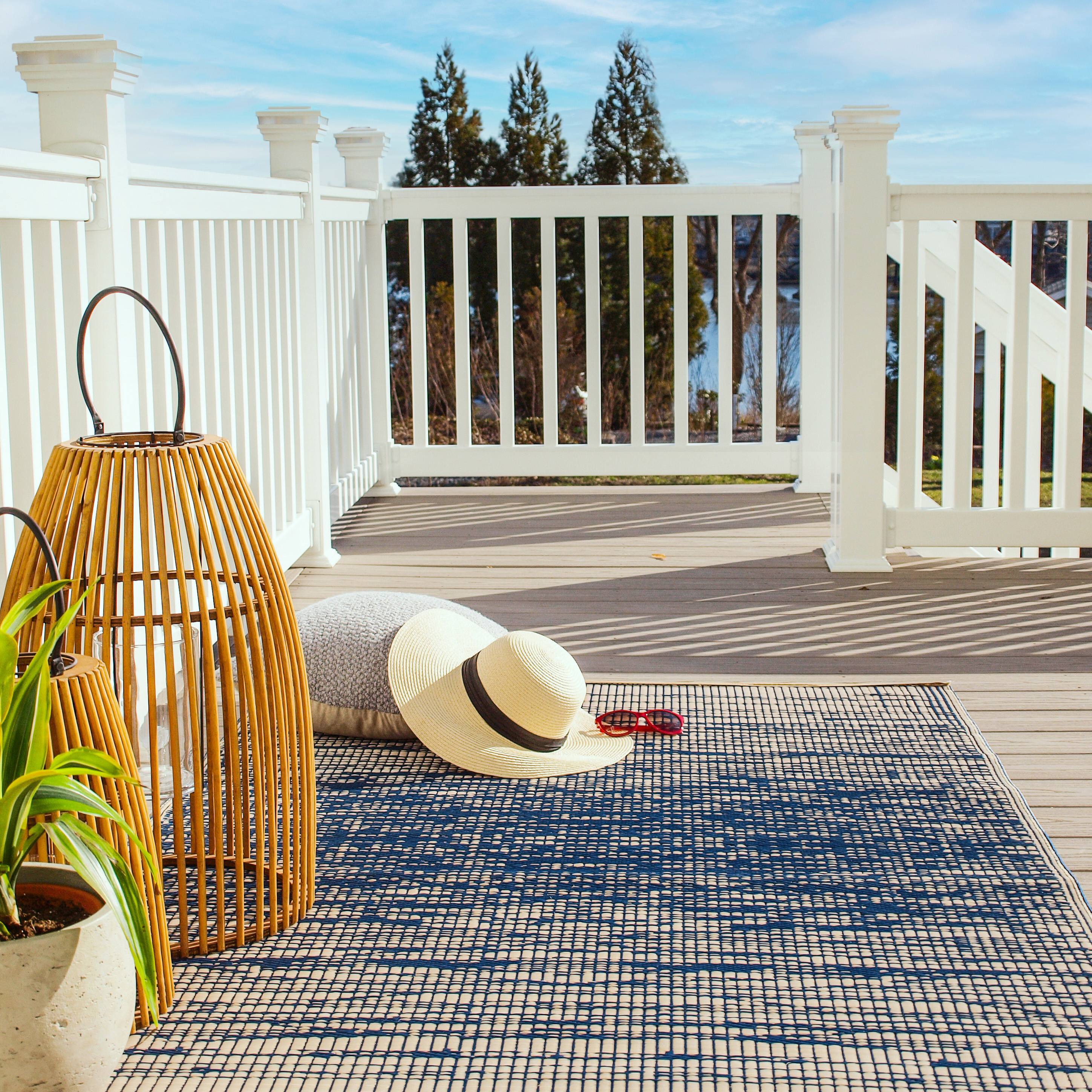 thumbnail video image 2 of Fab Habitat Outdoor Rug - Waterproof, Fade Resistant, Crease-Free - Premium Recycled Plastic - Distressed Abstract Stripes - Patio, Deck, Porch, Balcony, Laundry Room - Brooklyn - Blue - 4 x 6 ft, 2 of 11