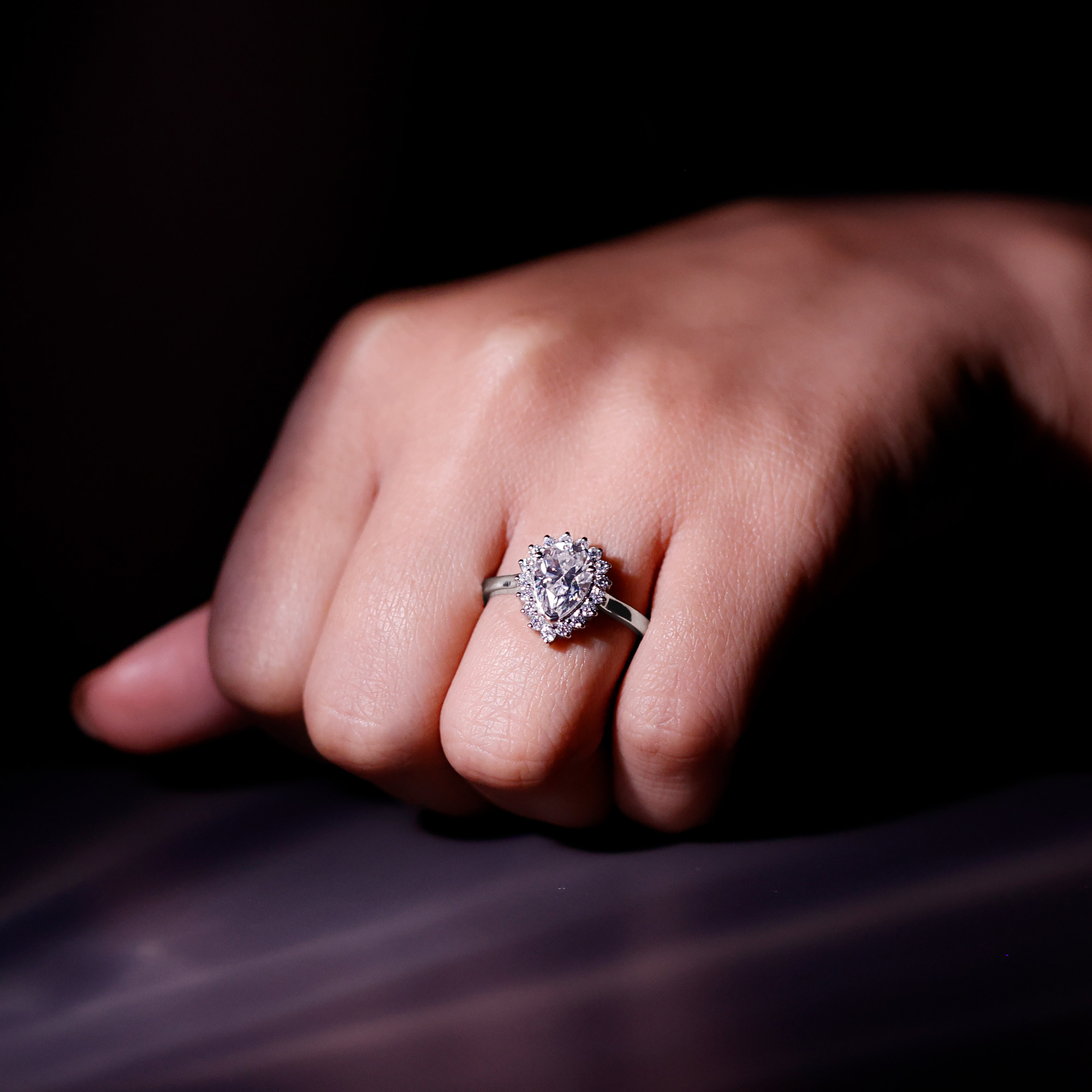 thumbnail video image 2 of Rosec Jewels Certified Cubic Zirconia Teardrop Engagement Ring with Halo - 7X9 mm Pear Shape - AAAA Quality - with Jewelry Box, 14K Yellow Gold, US 6.00, 2 of 9