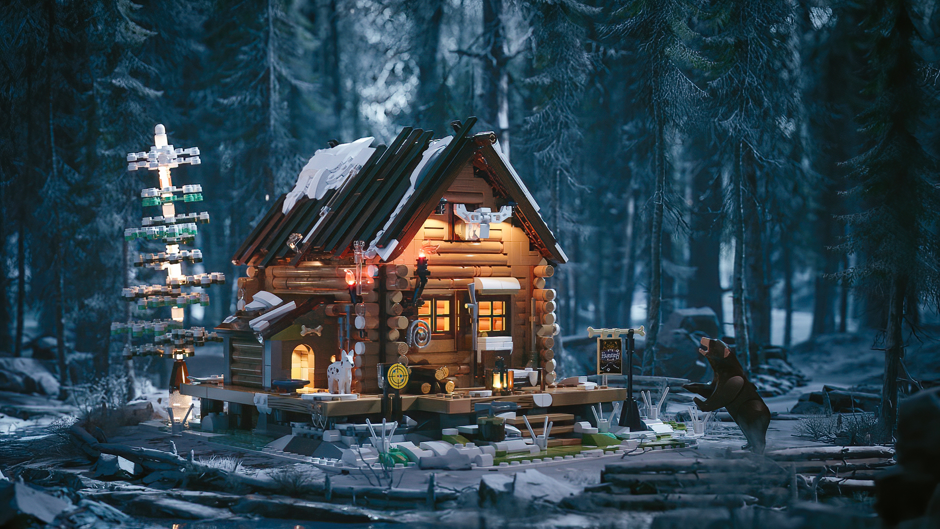 thumbnail video image 2 of FUNWHOLE Hunting-Cabin Lighting Building-Bricks Set - Retro Wooden Cabin LED Light Construction Building Model Set 2036 Pcs for Adults and Teen, 2 of 7