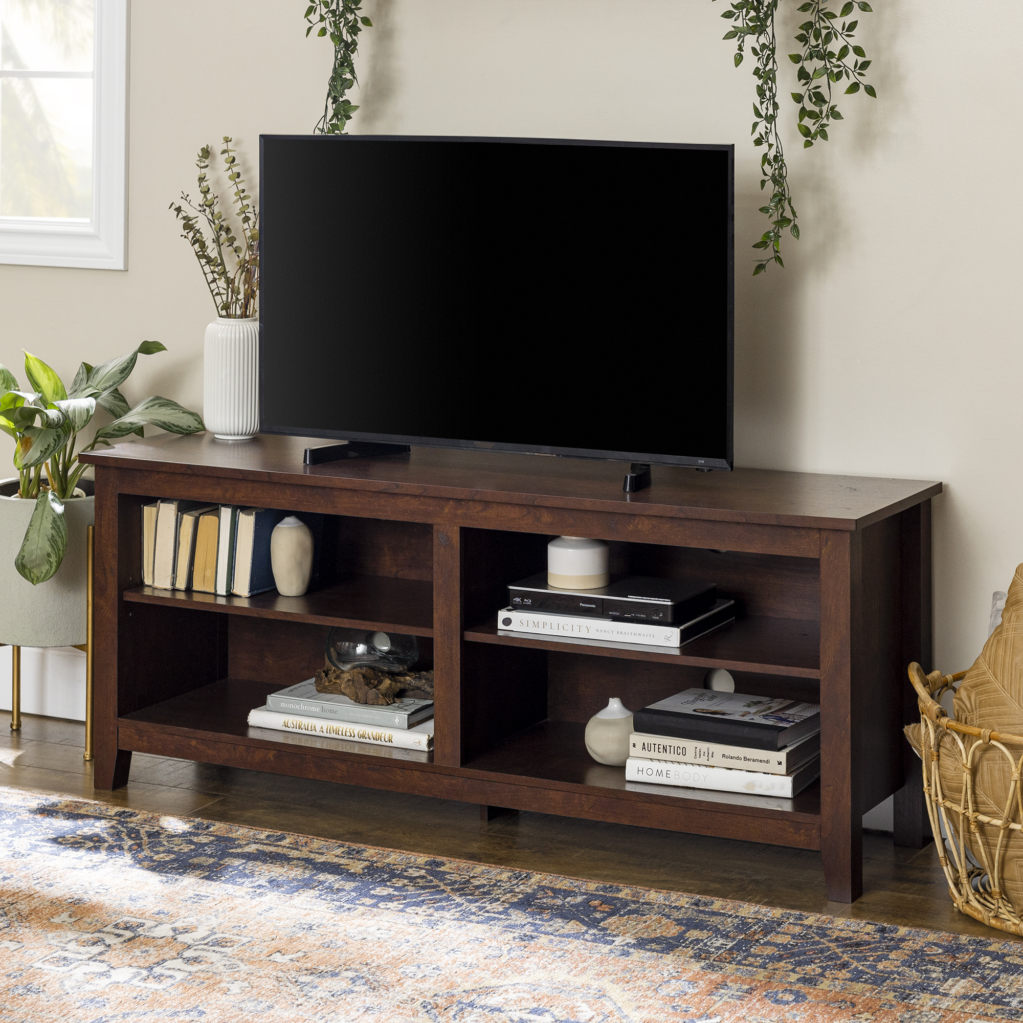 thumbnail video image 2 of Walker Edison Open Storage TV Stand for TVs up to 65", Traditional Brown, 2 of 15