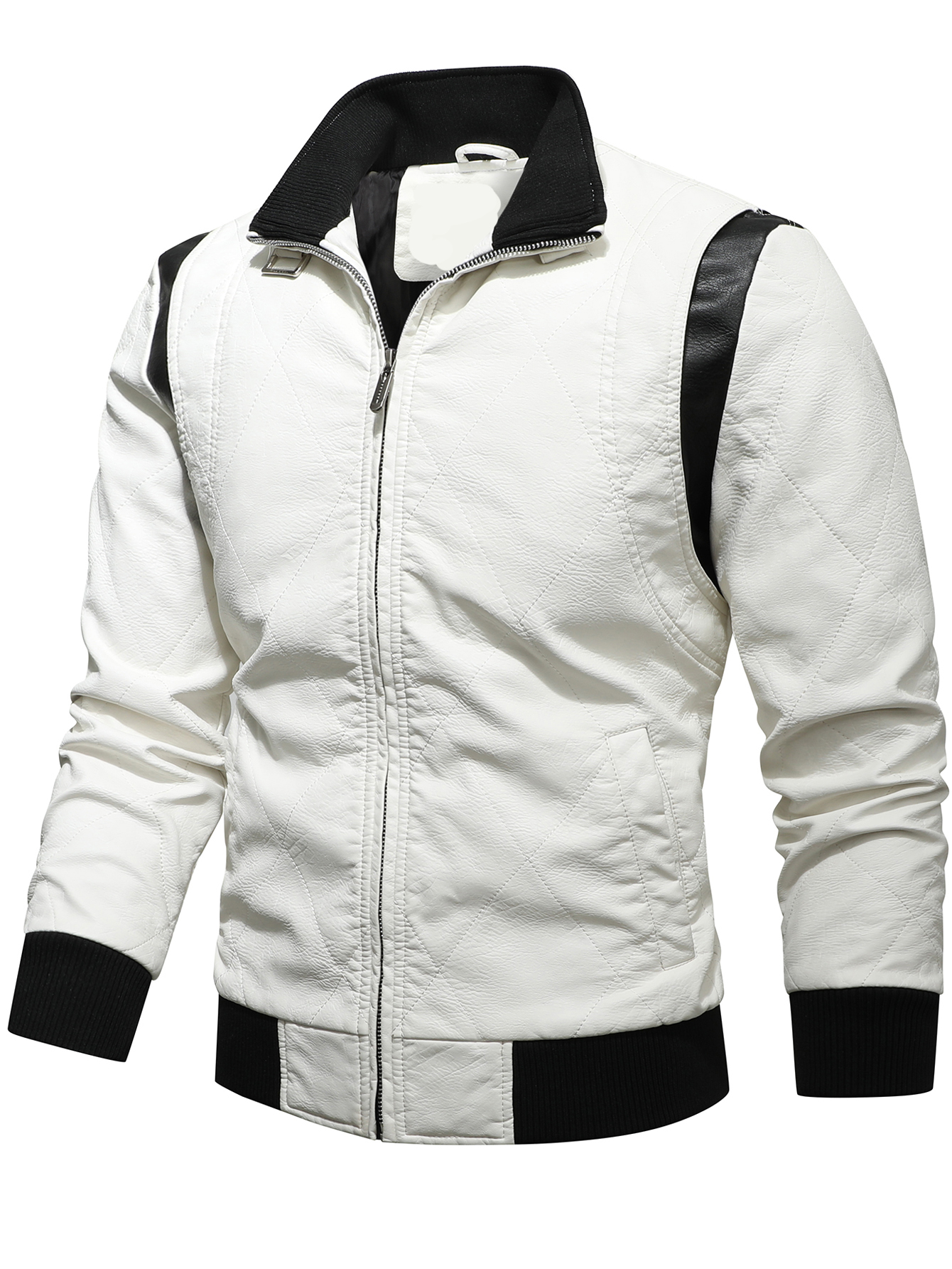 thumbnail video image 2 of Men's color block PU leather jacket youth motorcycle jacket street wear stand-up collar design, 2 of 7