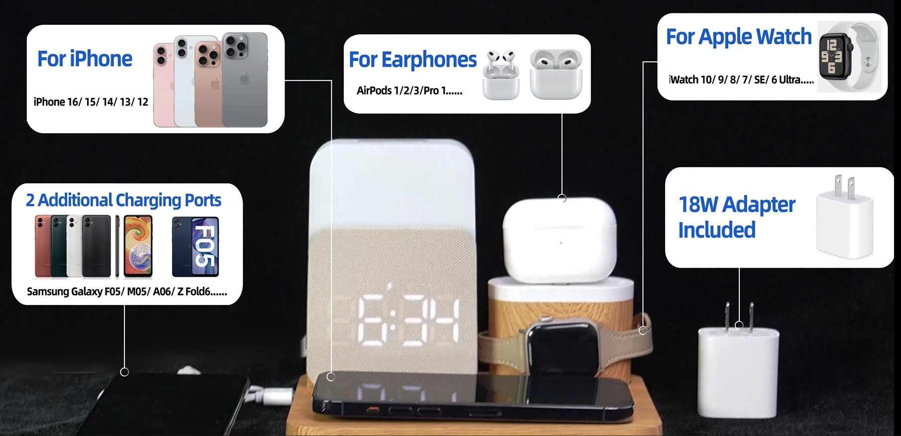 thumbnail video image 2 of Wireless Charging Station 7 in 1 Compatible for iPhone Pro Max/Smartphones & Apple Watch & AirPods with Alarm Clock, Night Light Wood, 2 of 8