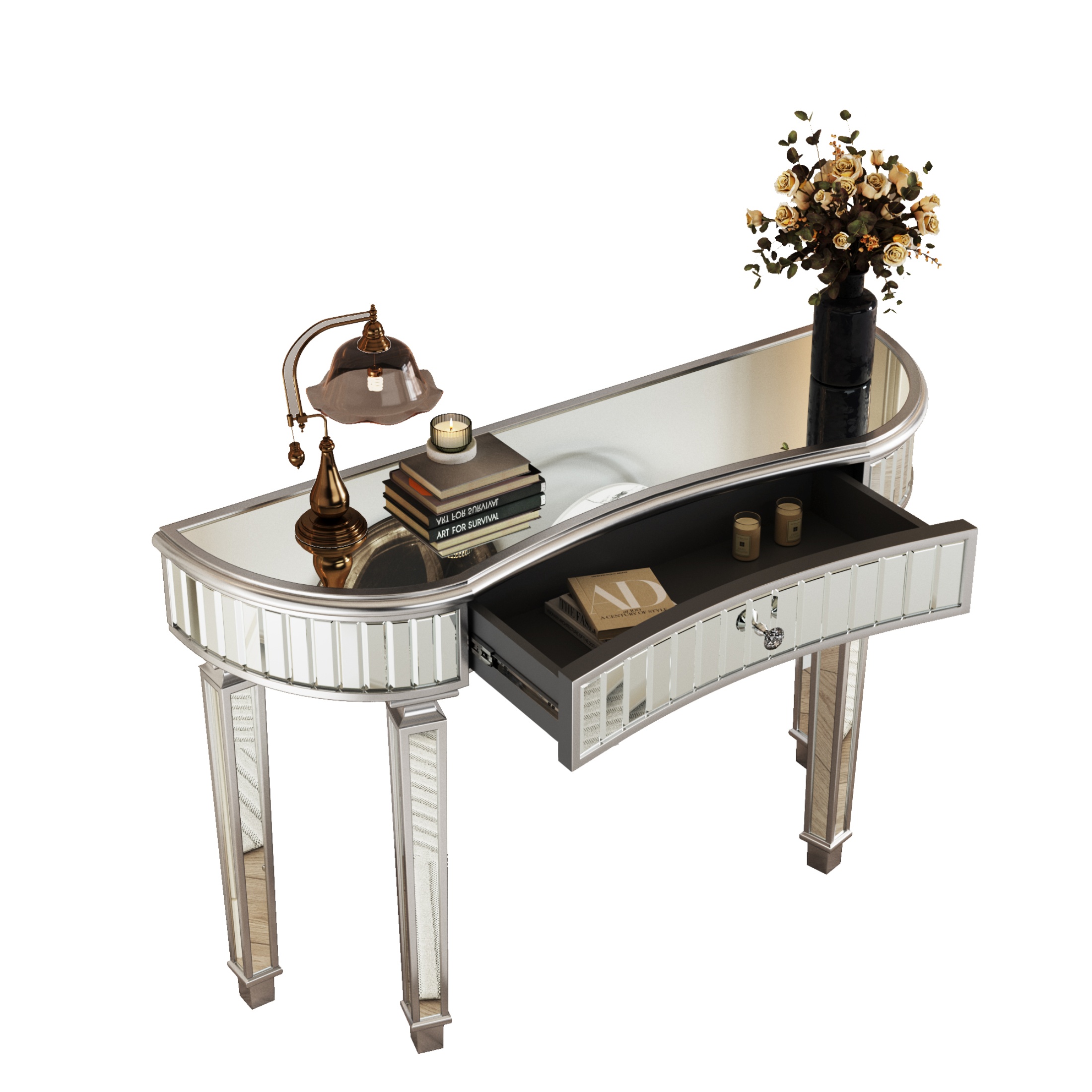 thumbnail video image 2 of Atumcto Mirrored Console Table with Drawer and Crystal Knob, Gray/Silver, 47 Inch, 2 of 11