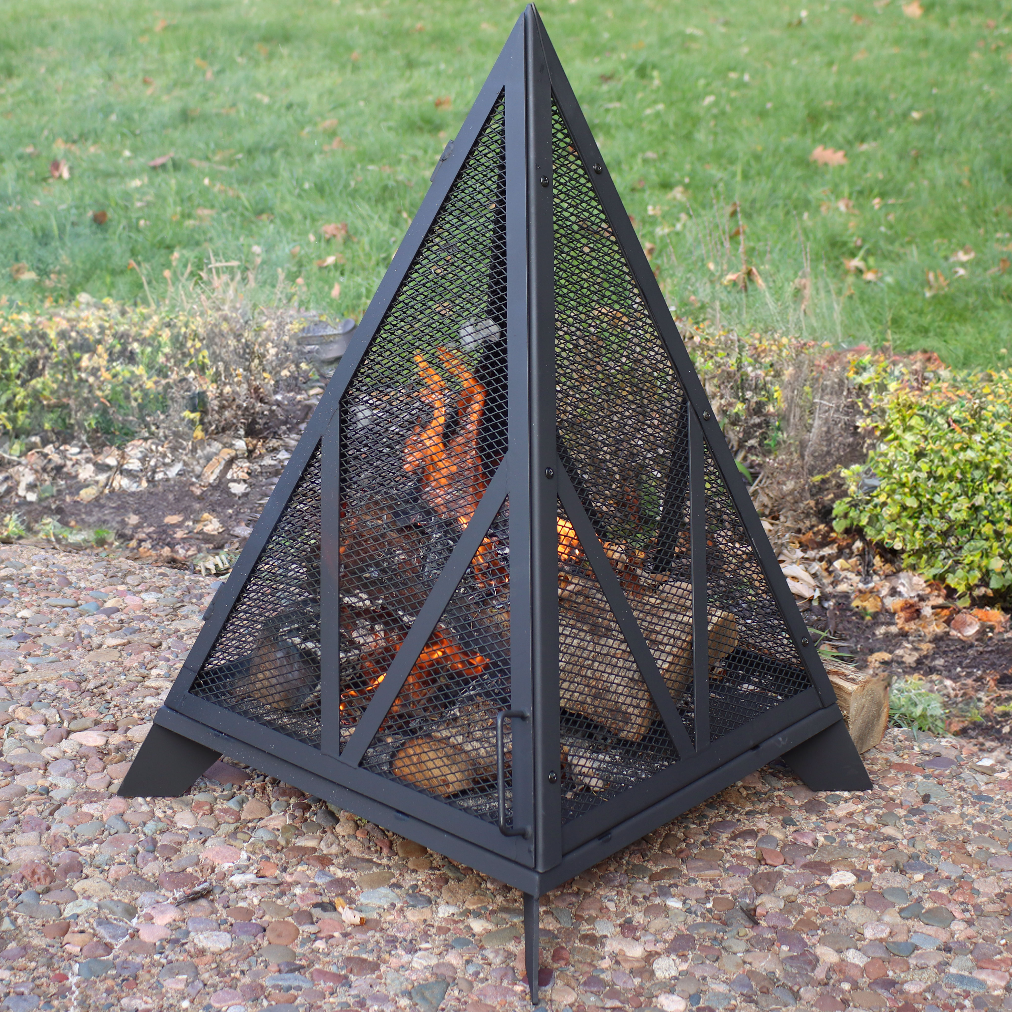 thumbnail video image 2 of Sunnydaze Majestic Pyramid 21" Triangle Wood-Burning Black Finish Steel Outdoor Fire Pit, 2 of 9