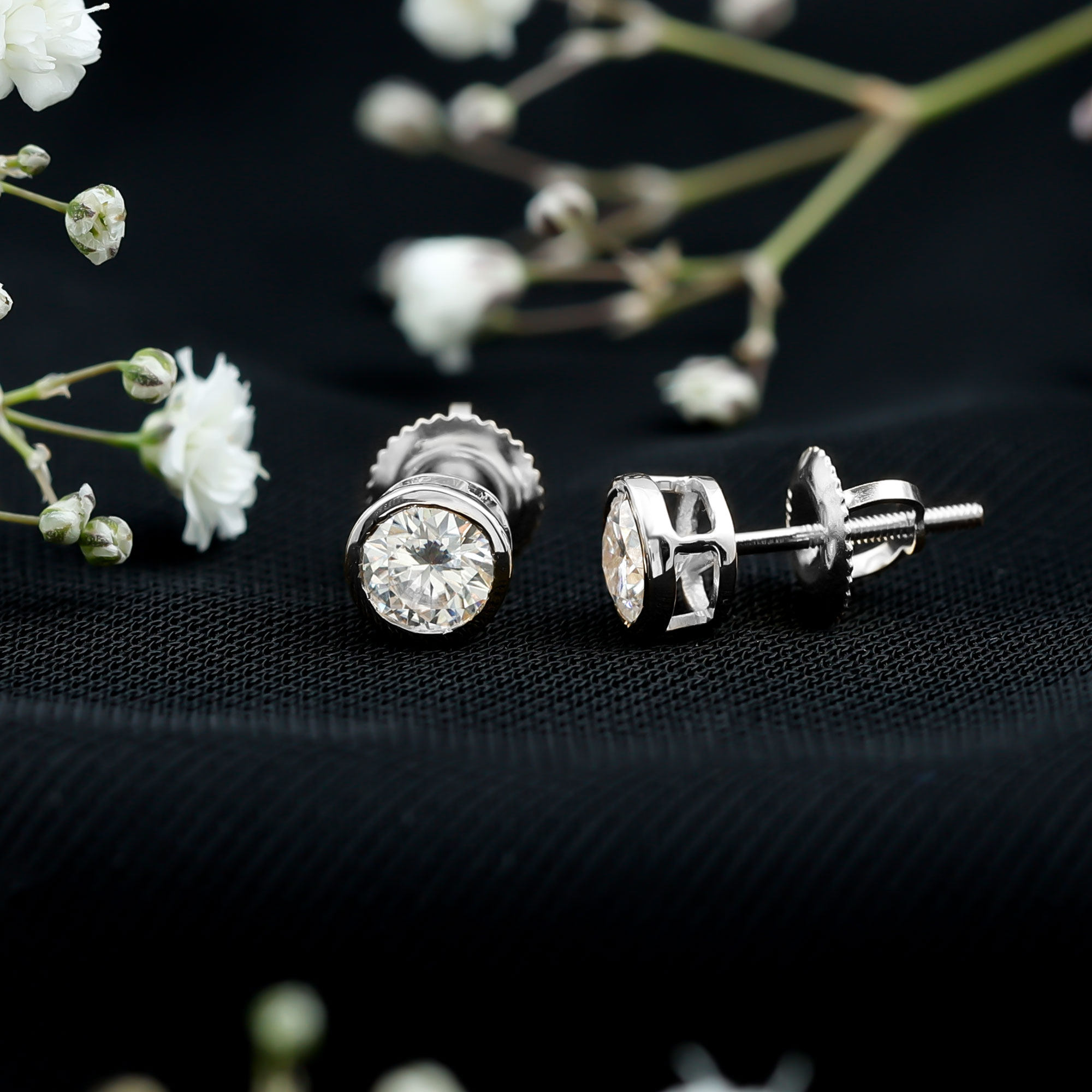 thumbnail video image 2 of Rosec Jewels Minimal Moissanite Solitaire Stud Earrings for Women - D Color VS1 Clarity, 10K White Gold, 2 of 9