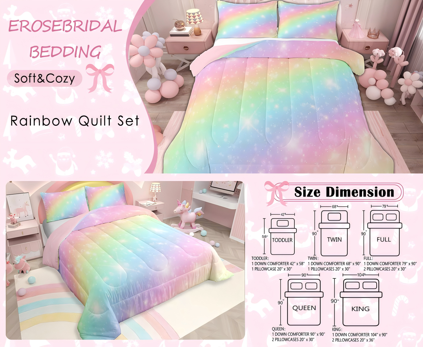 thumbnail video image 2 of Erosebridal Rainbow Bedding Set Teens Women Tie Dye Pastel Comforter Set Twin Size Golden Stars Glitter Bedding Comforter Set Watercolor Art Girly Quilt Set Sweet Bedroom Decor 2 Piece, 2 of 5