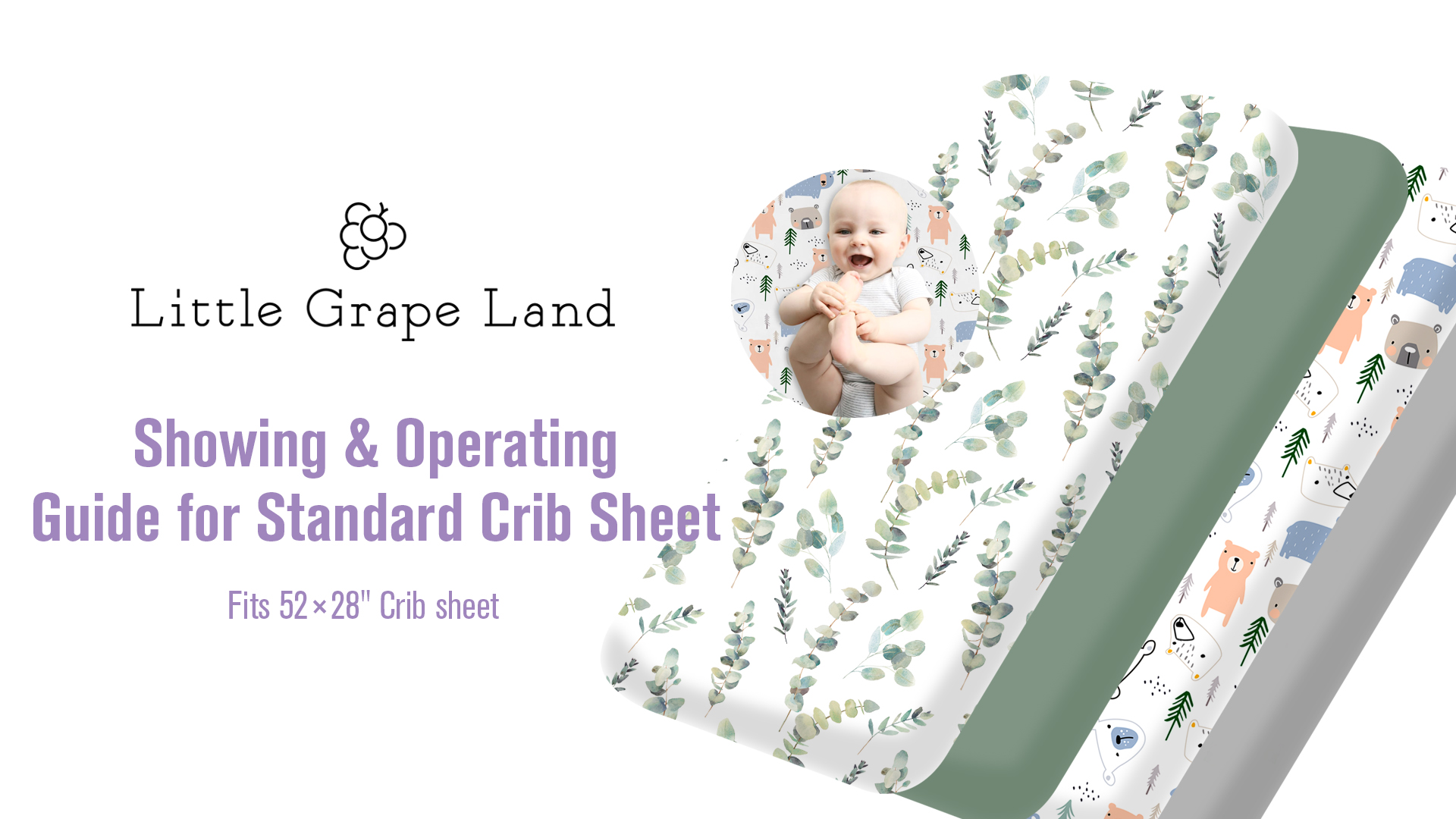 thumbnail video image 2 of Grape Baby 4PK" Fitted Crib Sheets for Boys Girls,Organic Elastic fabric,Huggable Bear, 2 of 7