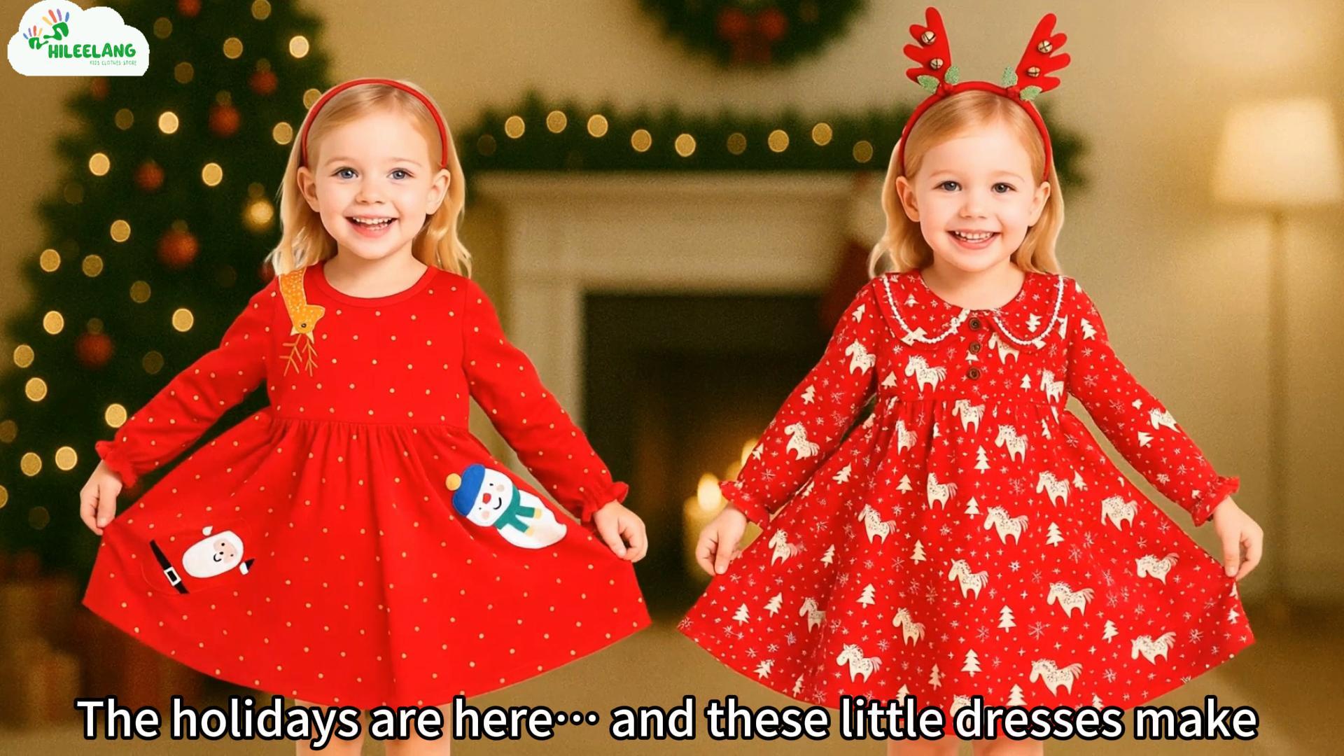 thumbnail video image 2 of HILEELANG Little Girl Kids' Christmas Dress Red Polka Dot Long Sleeve Santa Snowman Appliques Holiday Outfit Jersey Shirt Playwear Dresses Size 7, 2 of 6