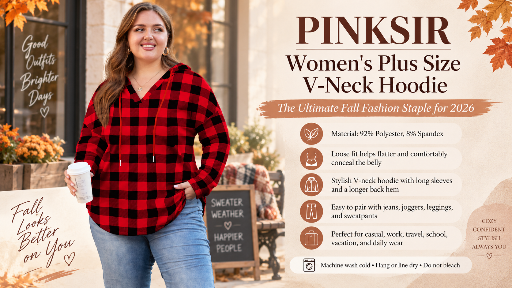 thumbnail video image 2 of PINKSIR Womens Plus Size Hoodies Trendy Fall Fashion V Neck Oversized Sweatshirt Tops Clothes,Size 1X-5X, 2 of 10