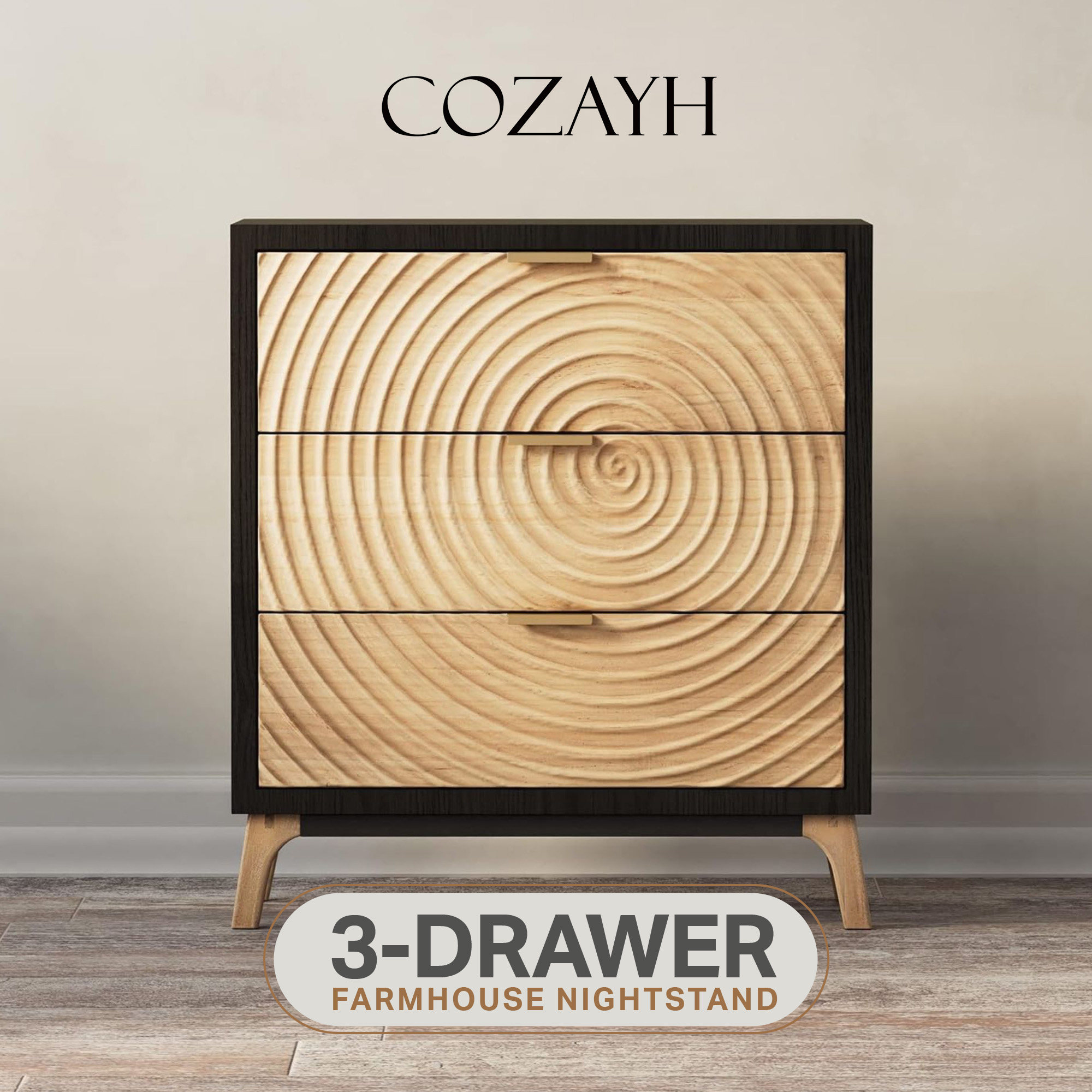 thumbnail video image 2 of COZAYH Modern Farmhouse Living Room Nightstand, Drawer with Handcrafted Wood Ring Motif, 3-Drawer Black Nightstand, 2 of 9
