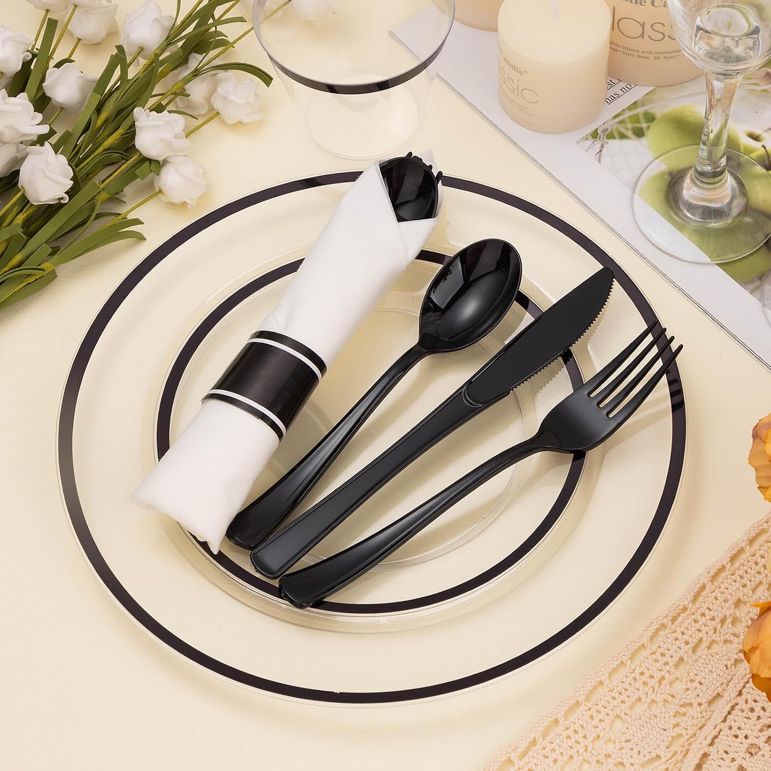 thumbnail video image 2 of Goodluck 350-Piece Disposable Dinnerware Set for 50 Guests, Clear Plastic Plates with Black Rim, Rolled Napkin Cutlery & Cups for Wedding & Party, 2 of 8