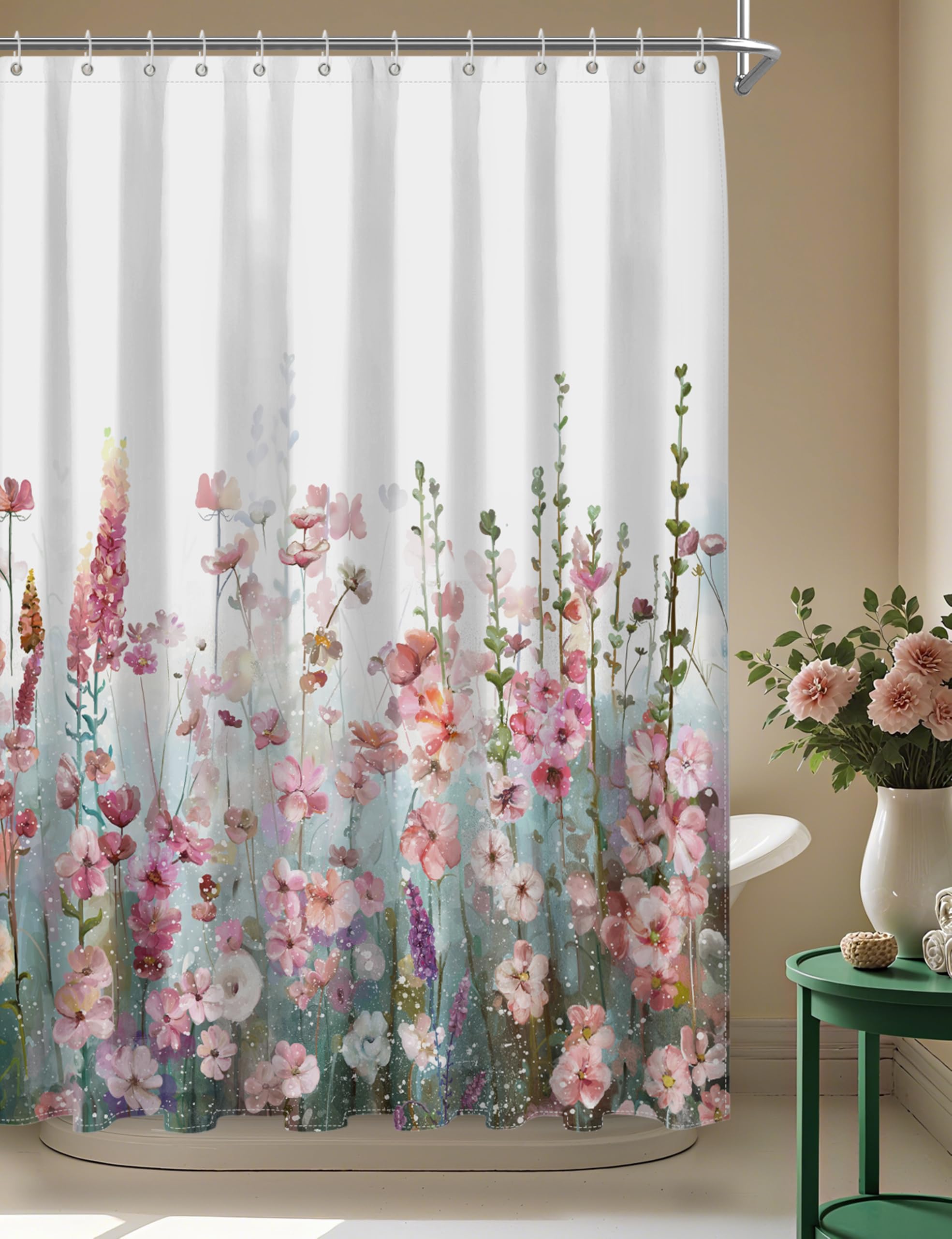 thumbnail video image 2 of Afuly Floral Shower Curtain for Bathroom Colorful Flowers Pink Wildflower Plants Decor Nature Shower Curtains with Hooks, 72 x 72 inch, 2 of 10