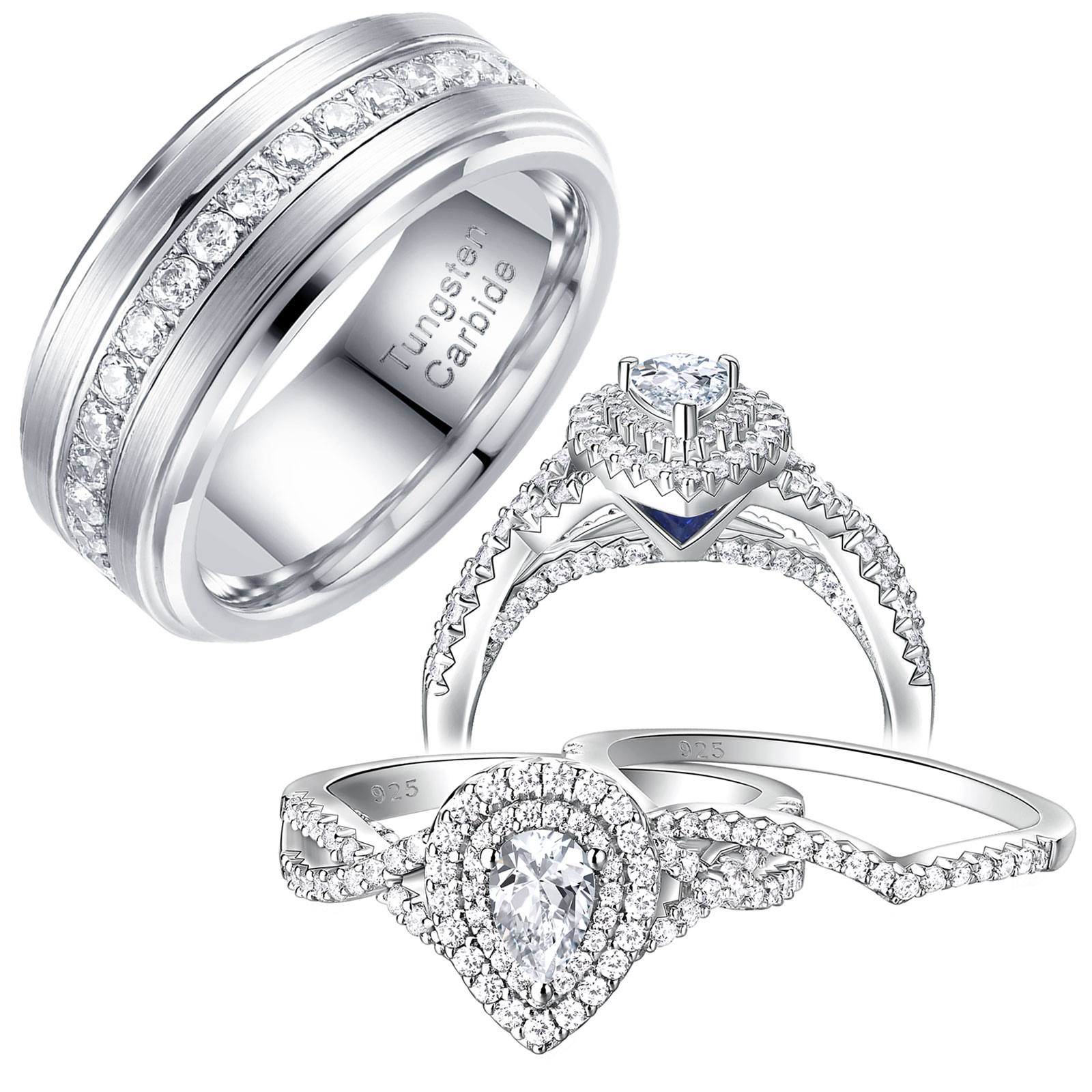 thumbnail video image 2 of Newshe Jewellery Wedding Rings Set for His and Her Women Mens Tungsten Wedding Bands Pear 925 Sterling Silver Cz Size 8&10, 2 of 7