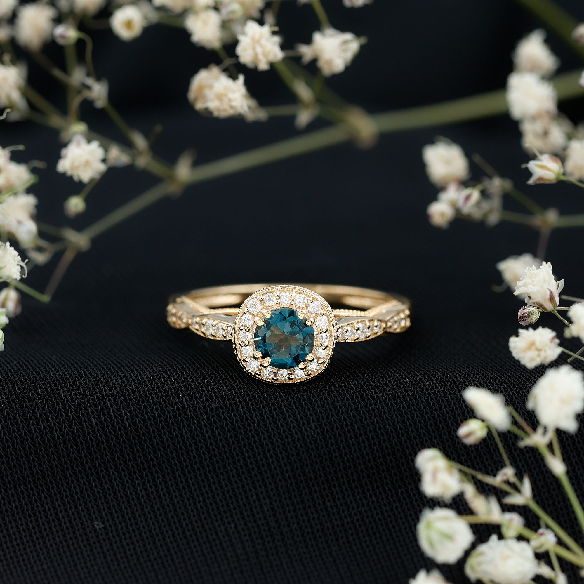 thumbnail video image 2 of Rosec Jewels London Blue Topaz Diamond Engagement Ring for Women - Vintage Style Ring - 5 mm - AAA Quality Certified, 18K White Gold, US 7.50, 2 of 9