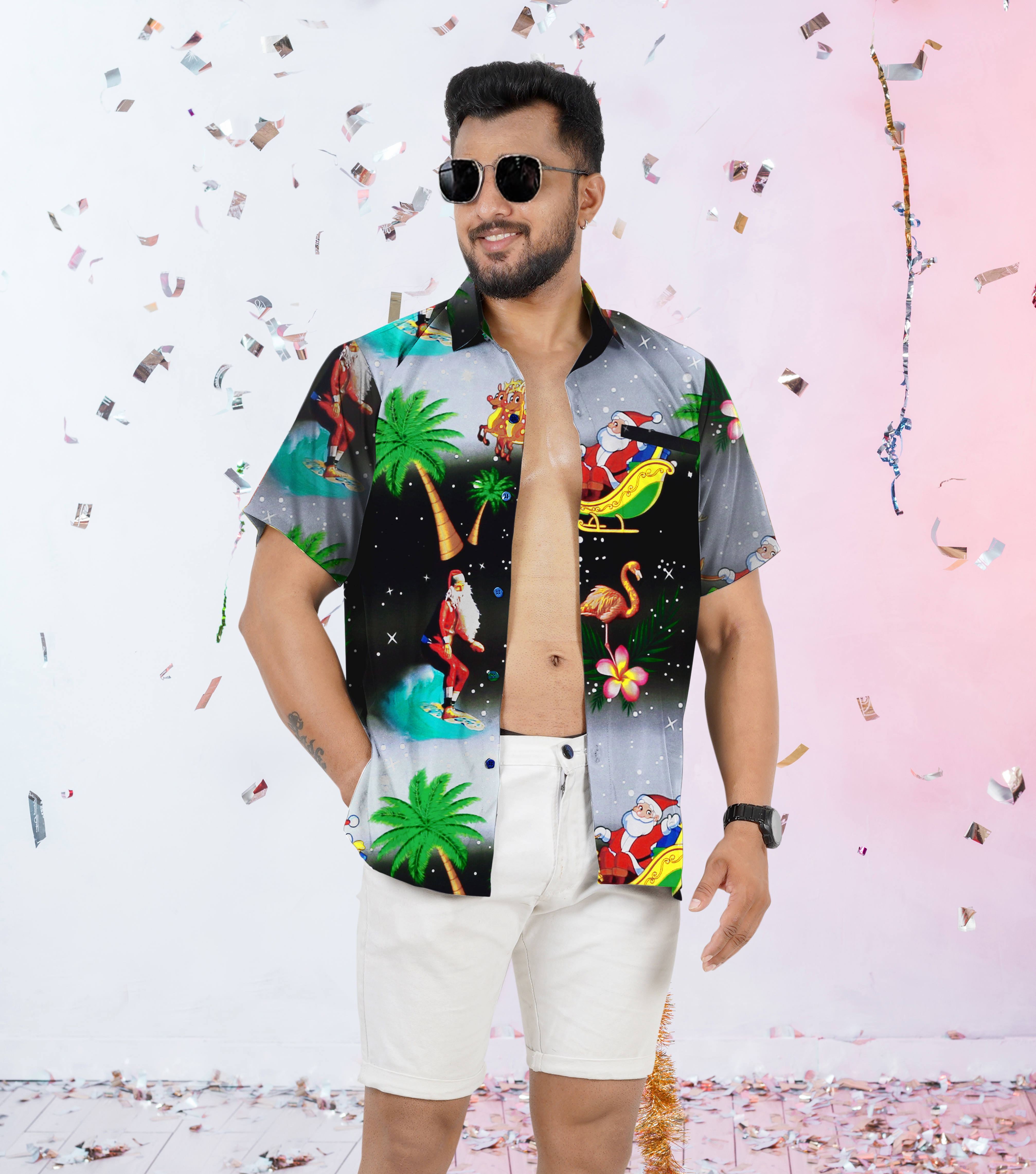 thumbnail video image 2 of HAPPY BAY Men's Beach Short Sleeve Funky Santa Claus Party Dress Shirt Holiday Hawaiian Ugly Christmas Tree Gifts Shirts for Men 3XL Santa Surf, Black, 2 of 7