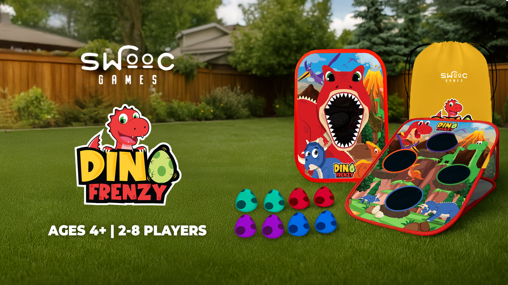 thumbnail video image 2 of Swooc Games® - Dino Frenzy™ | 2-in-1 Corn Hole Games for Kids | 5-Second Setup | Dinosaur Bean Bag Toss Game for Kids | Kid Cornhole Game Set | Toddler Party Activity | Outside Bean Bags Kid Tossing, 2 of 7