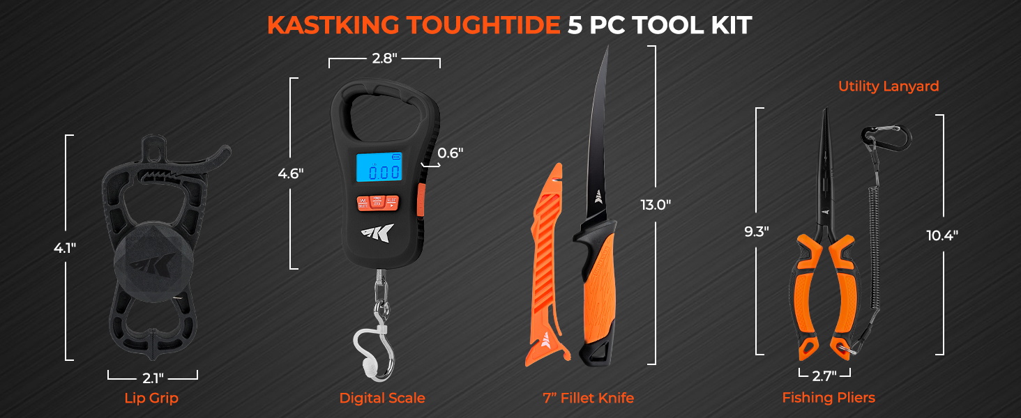 thumbnail video image 2 of KastKing 5Pc Fishing Tool Kit with Digital Fish Scale, Lip Gripper & Tape Measure, 7" Fillet Knife and 8" Split Ring Pliers ToughTide, 2 of 9