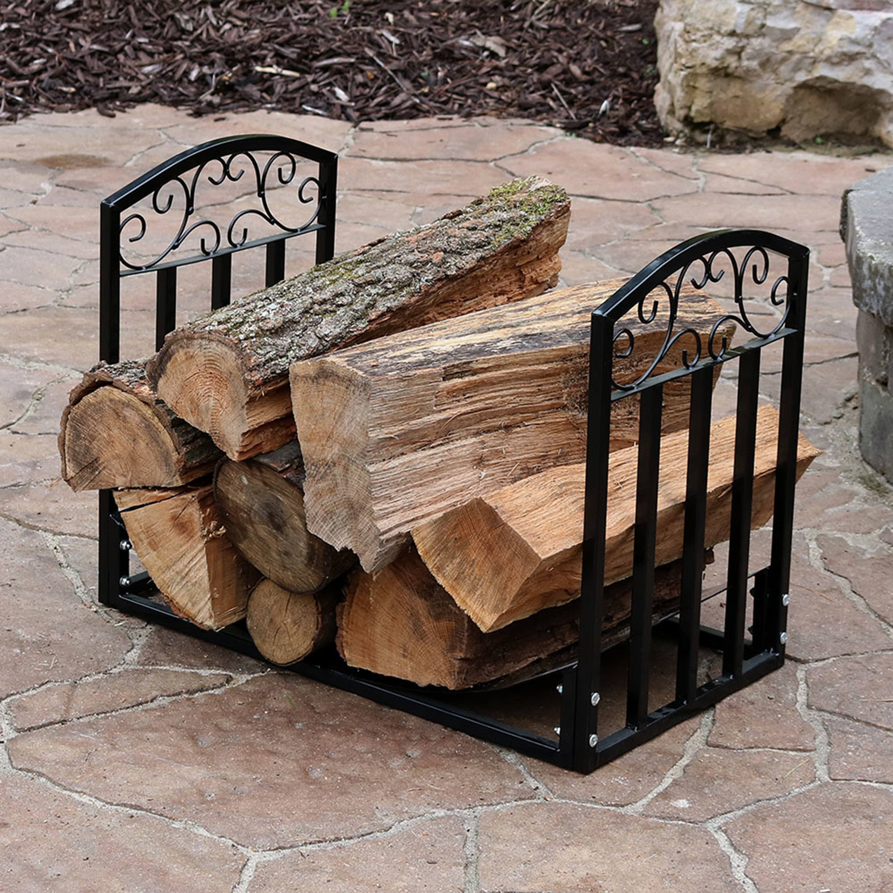 thumbnail video image 2 of Sunnydaze 18.25" Decorative Indoor or Outdoor Powder-Coated Steel Firewood Log Holder, 2 of 11
