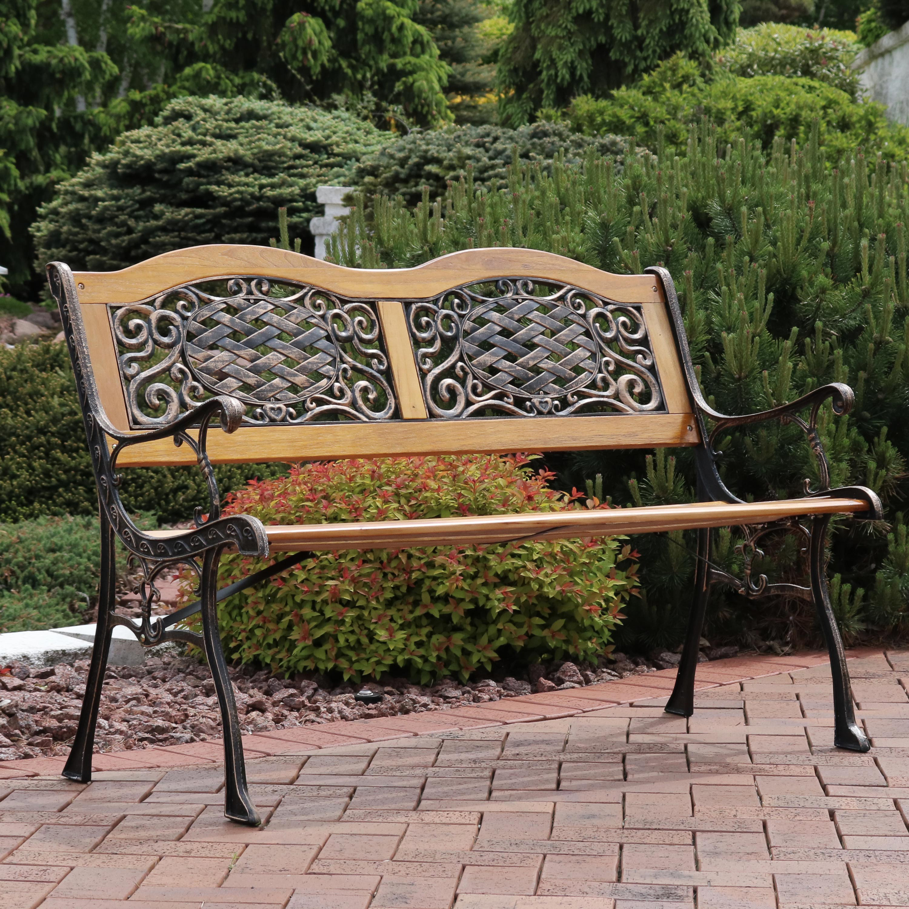 thumbnail video image 2 of Sunnydaze Ivy and Crossweave Design Cast Iron and Wood 2-Person Garden Bench, 2 of 11