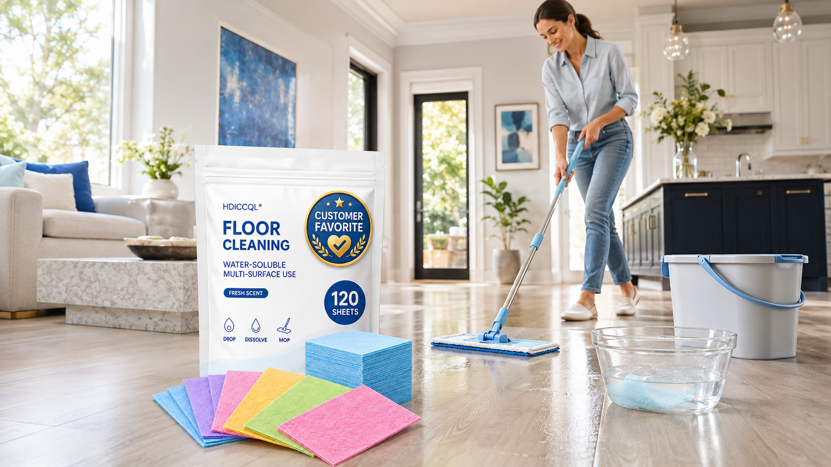 thumbnail video image 2 of 120 Piece Floor Cleaning Tablets Multi-Surface Cleaner, Floor Cleaning Tablets Sheets, Water Soluble Floor Cleaner for Mopping for Hardwood, Laminate Floors, Wall Tiles, Glass (Blue, 100 Pcs), 2 of 8